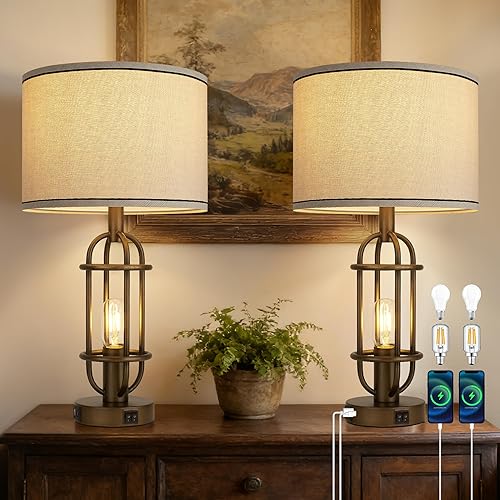 Miniatura 12 de Juego de 2 lámparas de mesa negras para sala de estar, lámparas de granja de 22.3 pulgadas para mesita de noche, lámparas de mesa industriales para