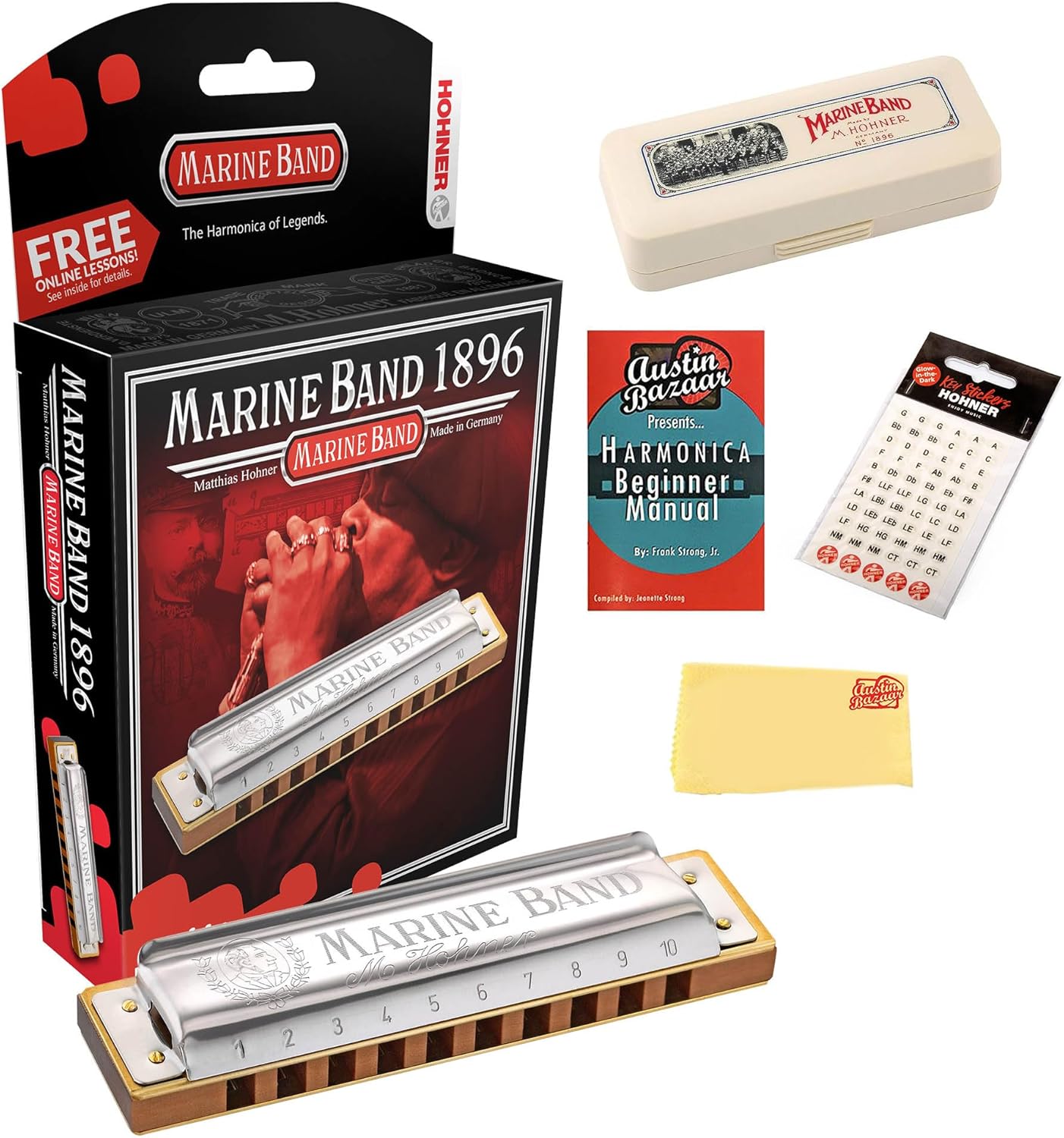 Hohner Marine Band 1896 Classic Harmonica - Key of C# Bundle with Case, Key Stickers, Instructional Manual, and Austin Bazaar Polishing Cloth