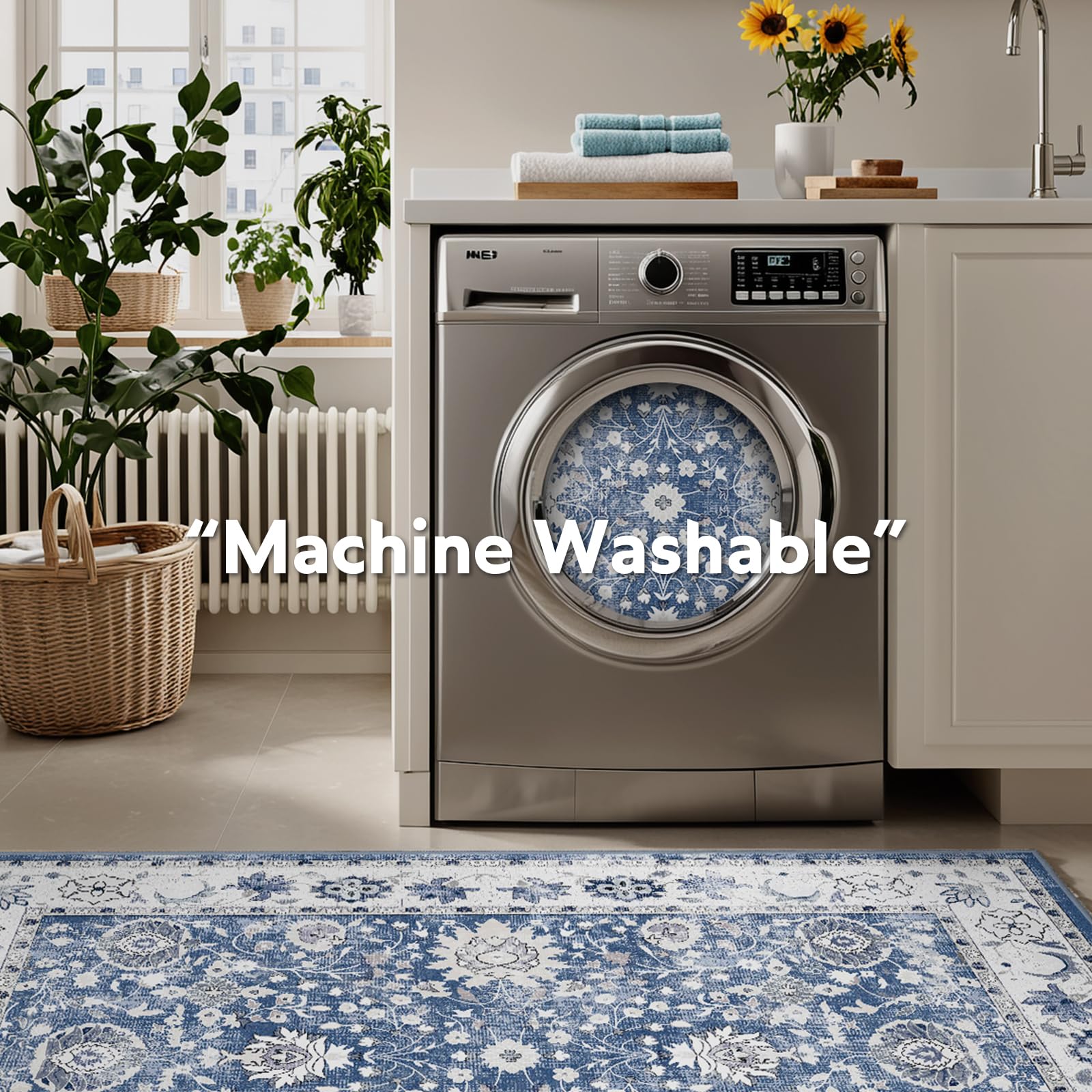 IKALIFE Tappeto Salotto Lavabile Lavatrice - Tappeto Soggiorno Vintage Tappeto Pelo Corto Tappeto Grande Tappeto Camera da Letto, Morbido Antiscivolo per Sala, Pranzo 160x230 cm Blu