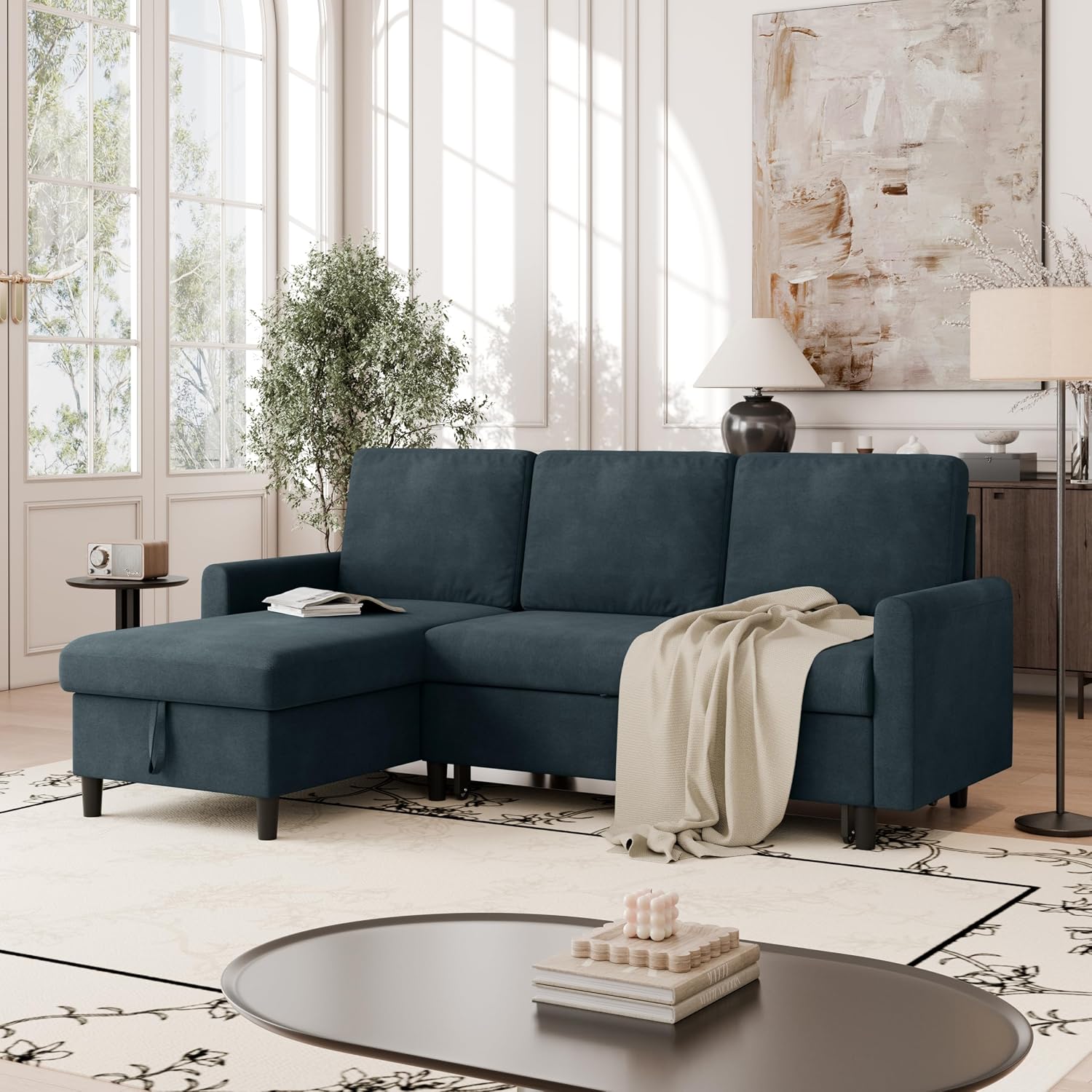 Vongrasig Sectional Sleeper Sofa Pull Out Couch Bed L-Shaped Sofa Bed Dark Grey