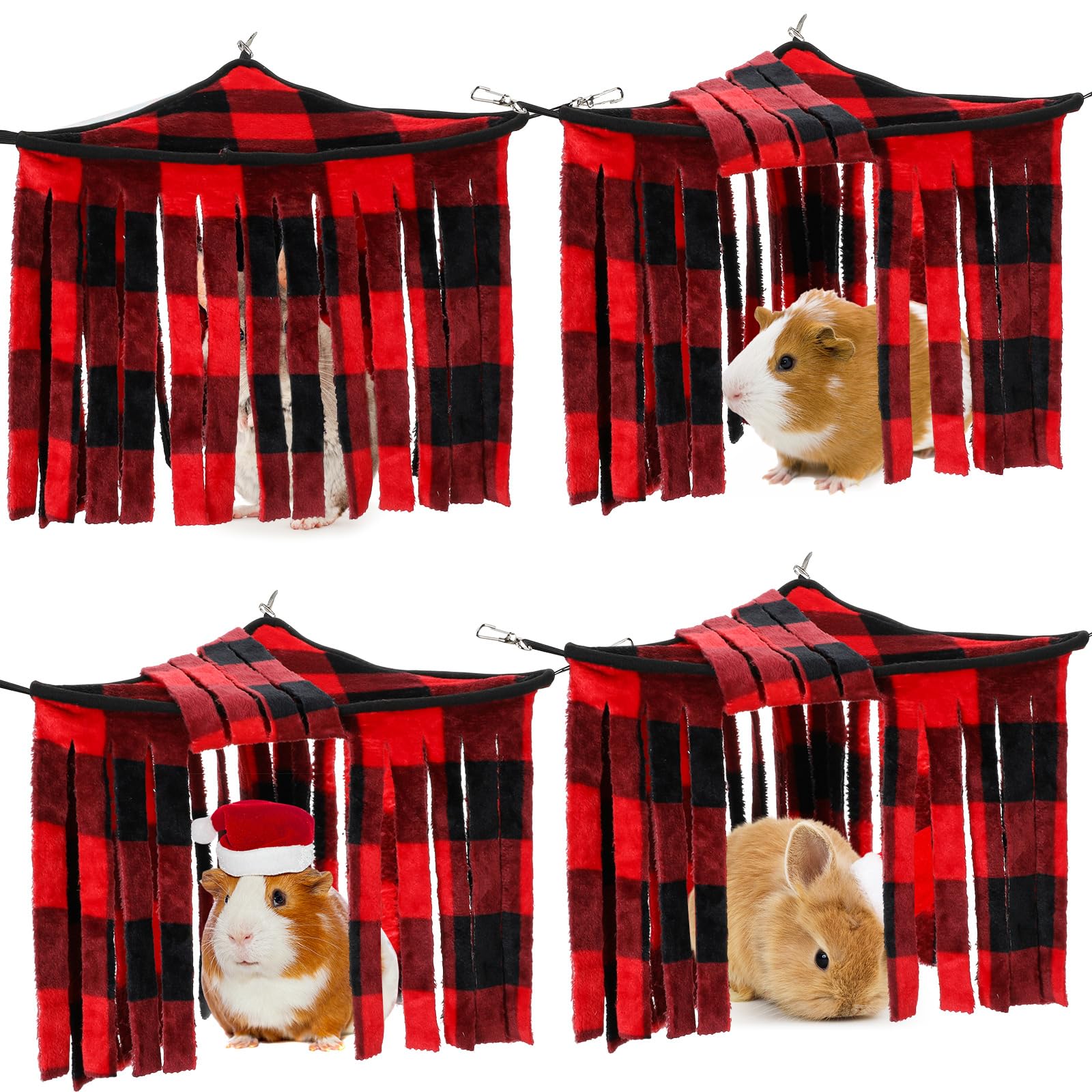 Huwena 4 Pcs Guinea Pig Hideout Red Plaid Fleece Hideaway Toys Cage Accessories Small Animals Corner Triangular Hammock Hamster Ferret Playing Sleeping Bed for Hedgehog Bunny Chinchillas