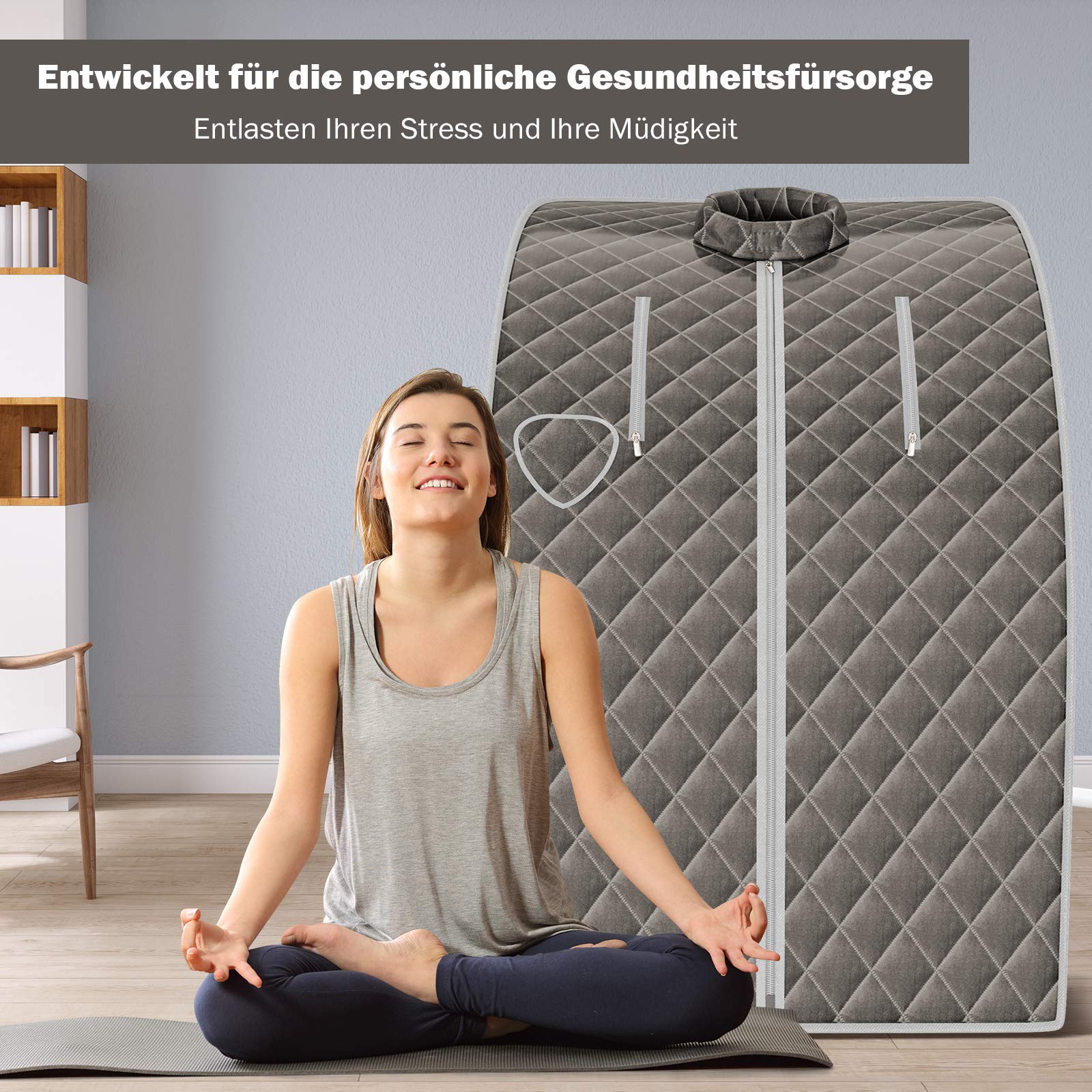 RELAX4LIFE 3 L Mini Dampfsauna, Heimsauna mit Fernbedienung, 9-stufiger Timer bis 90 Min/Temperatur flexibel einsetzbar bis 64 °C, Mini-Sauna 1000 W Verdampfer, Saunakabine mit Zubehör (Grau)