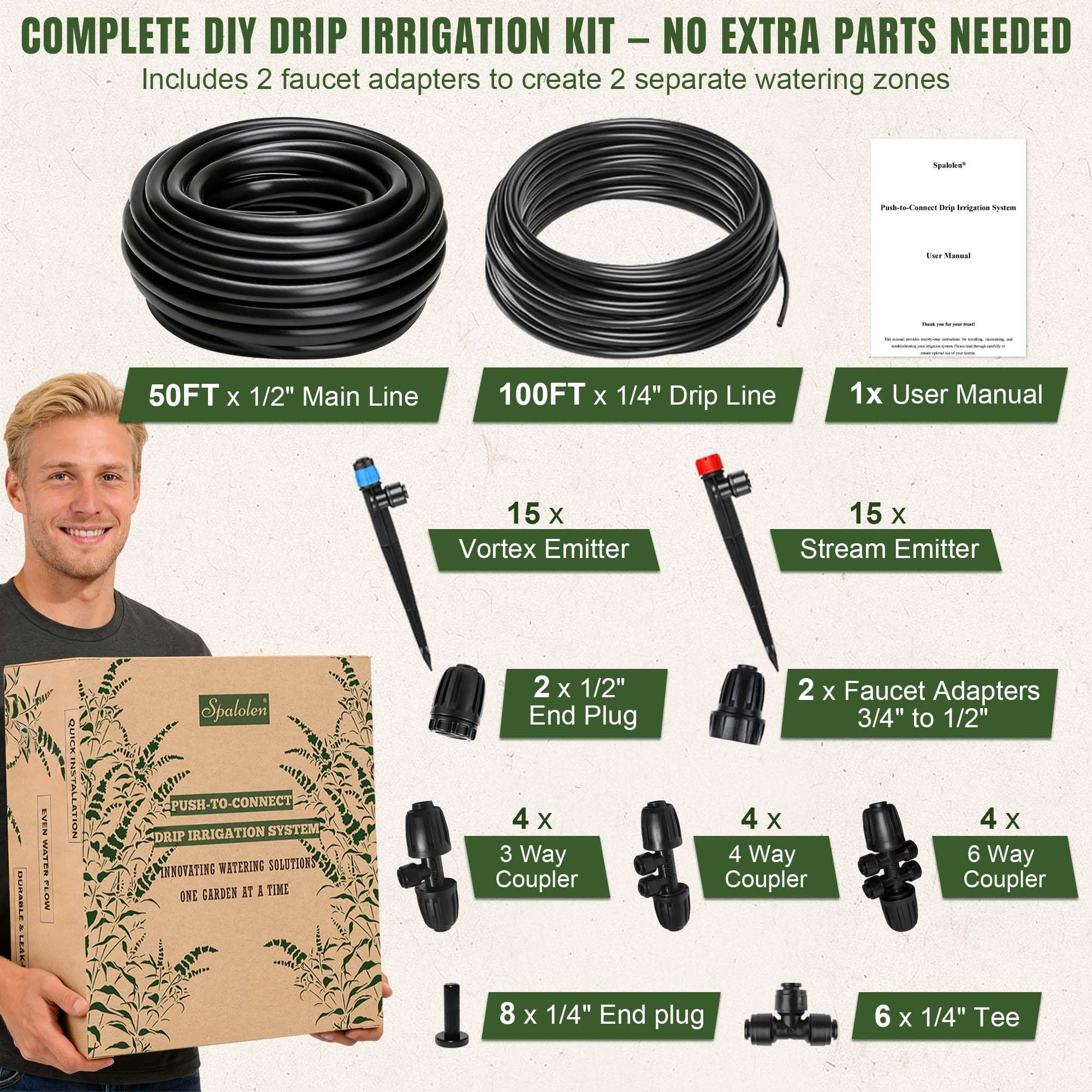 Sistema de riego por goteo de empuje para conectar, sistema de riego ajustable para cama elevada de jardín, sistema de riego automático de plantas, kit completo de riego por goteo con emisores de