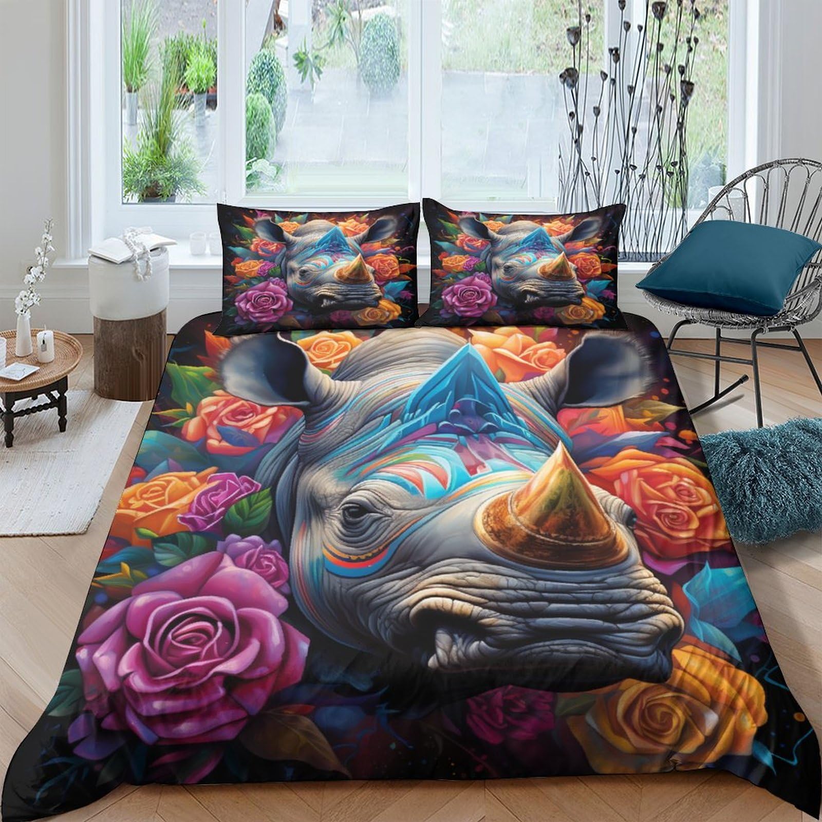 Parure de lit rhinocéros de diamant housse de couette 3D roses