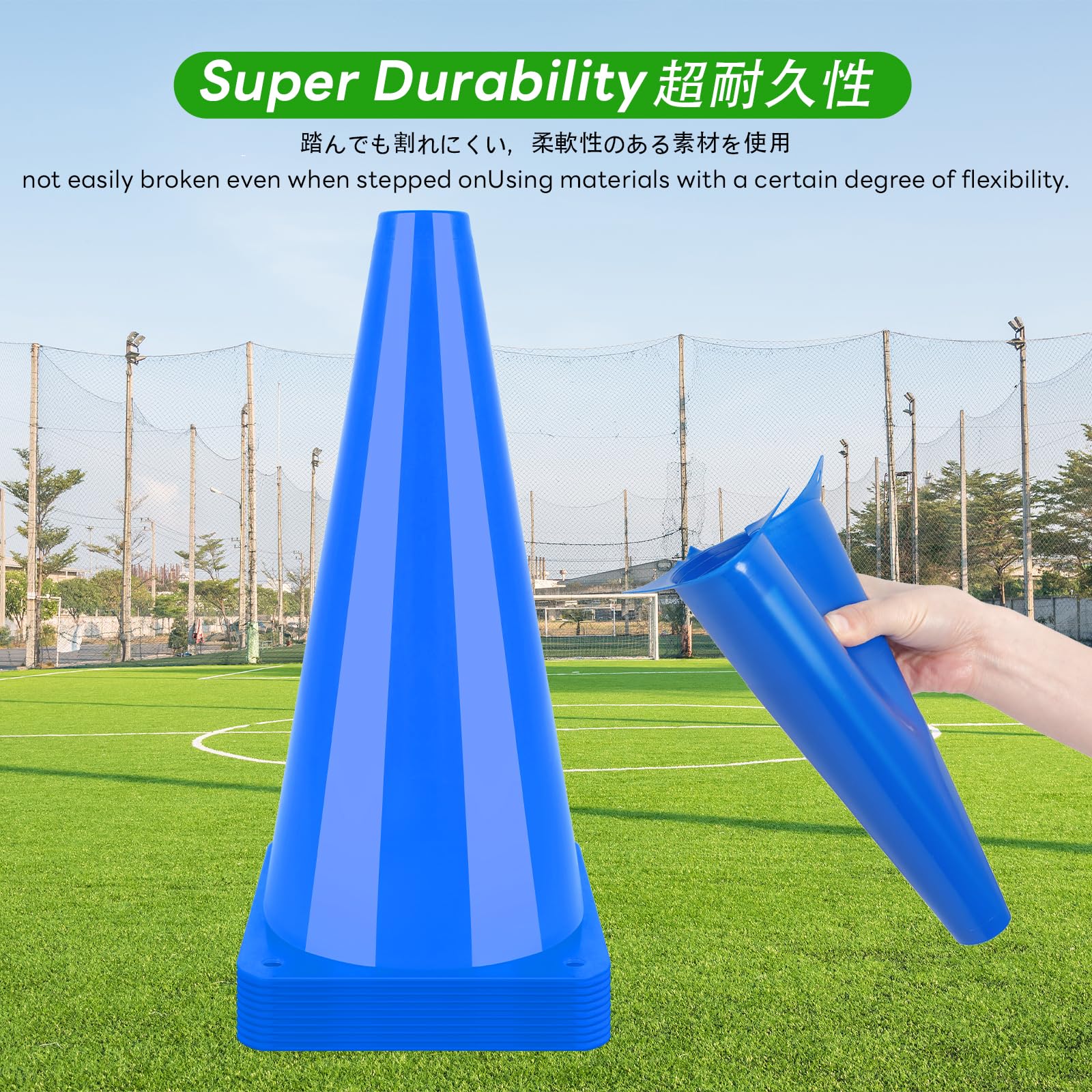 BiAnYC 10本セット 32cm マーカーコーン 青,カラーコーン ミニ,ミニコーン,サッカー コーン,三角コーン ミニ, サッカー 野球 テニス フットサル 練習コーン,ボールスポーツ 団体競技や部活 陸上競技 運動会 スポーツコーン, 収納袋付き