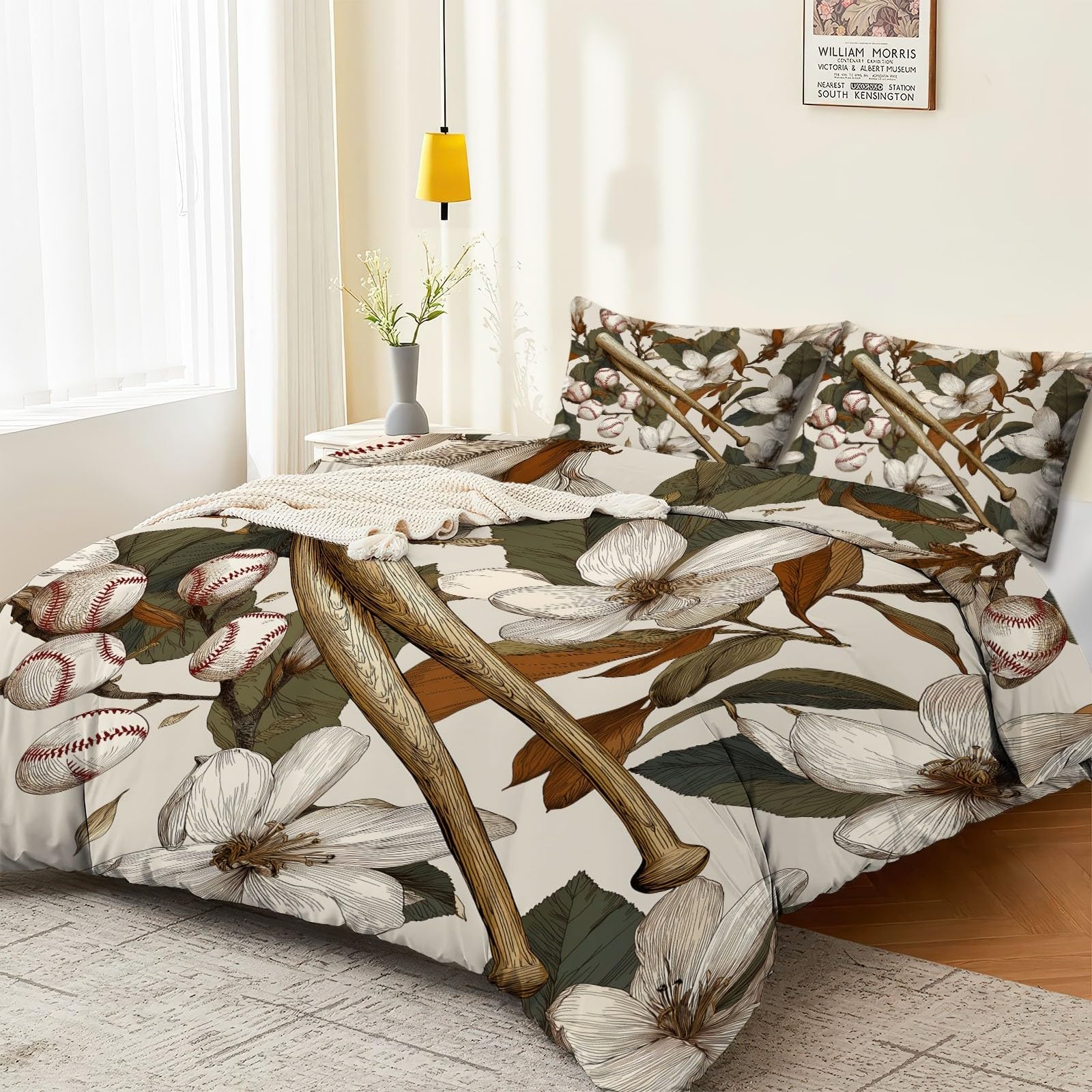 Poszwa na kołdrę 230 x 220 cm Retro Liście Baseball Kij, 3-częściowy dwustronny zestaw pościeli + 2 poszewki na poduszki, poszwa na kołdrę z zamkiem błyskawicznym, brązowy beżowy