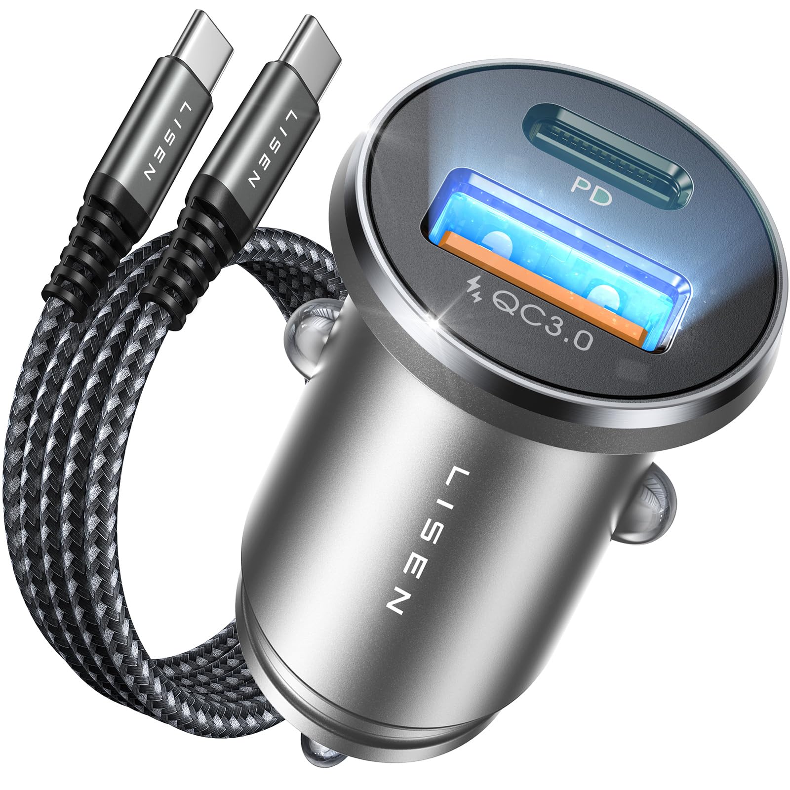 LISEN Car Phone Charger USB C 54W 12V USB Socket [USBC 36W+QC18W] With 60W USB C Cable Car Charger Fast Charge Cigarette Lighter USB Charger Car Accessories for Men for iPhone 17 Pro Max Samsung S25 — view 8