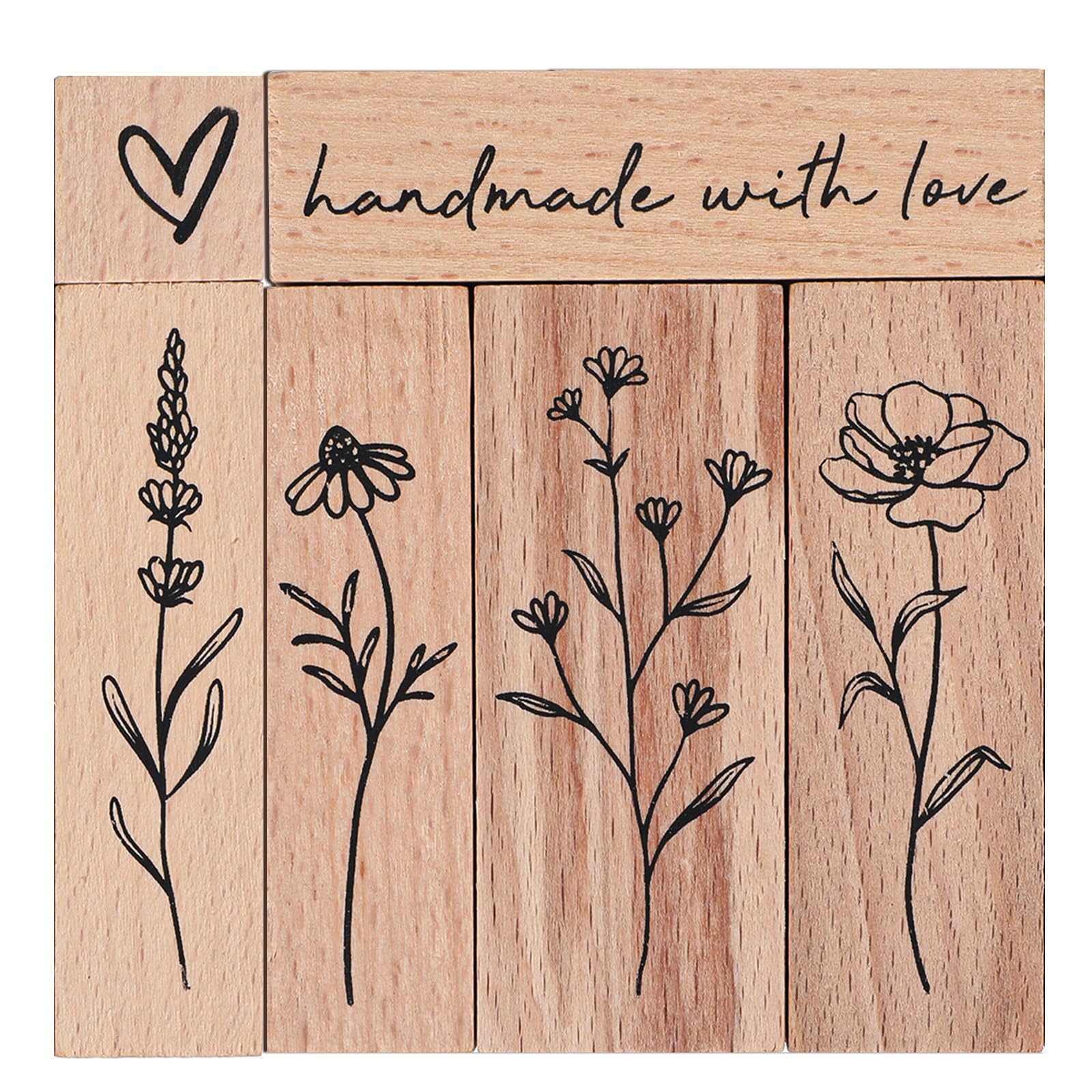 6Pcs Wooden Rubber Stamp Set, Vintage Rubber Stamps for Crafting, Heart, Plant Flowers, Handmade with Love Journal Stamps for Arts & Crafts, Stationary, Scrapbooking, School Projects, Journals