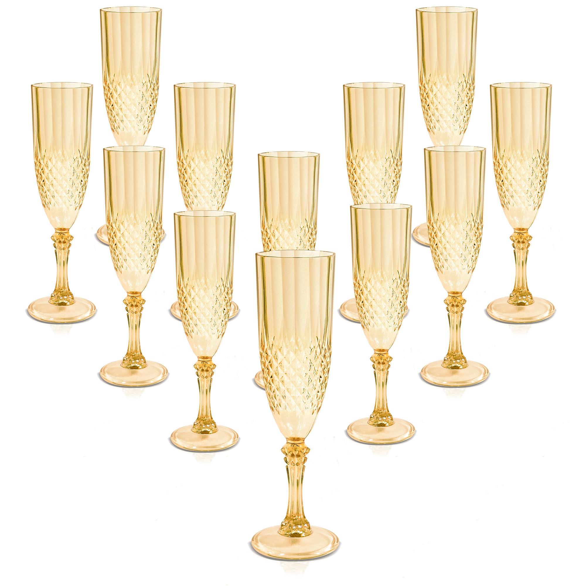 12 Pcs Amber Plastic Champagne Flutes Acrylic Gold Wine Glasses Goblets Reusable Vintage Champagne Flute for Wedding Bridal Shower Bars Party Christmas Birthday, 7oz