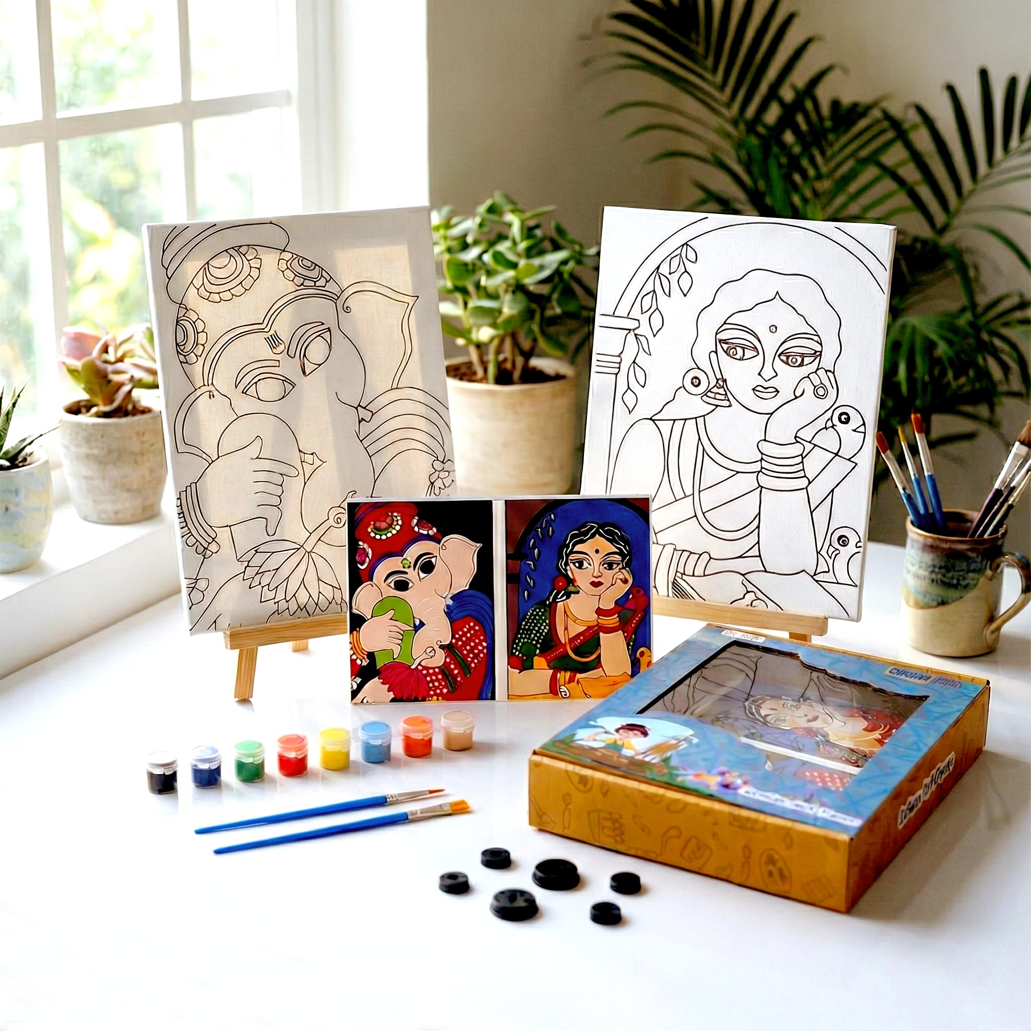 HOBBY INDIA Canvas Painting Set Kit for Kids & Adults | DIY Art & Craft for Girls & Boys | Home, Bedroom, Living Room, Office & Wall Décor | Birthday & Return Gift | Indian Art Form (Madhubani Art)
