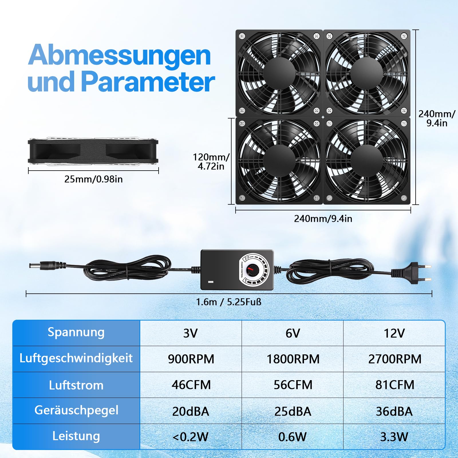 120mm*4 PC Lüfter Gehäuselüfter 12V, Einstellbare Geschwindigkeit Kontrolle Computer Lüfter, 220V 3000 RPM, für Laptop TV Router Serverschrank Netzwerkschrank Verstärker Belüftung