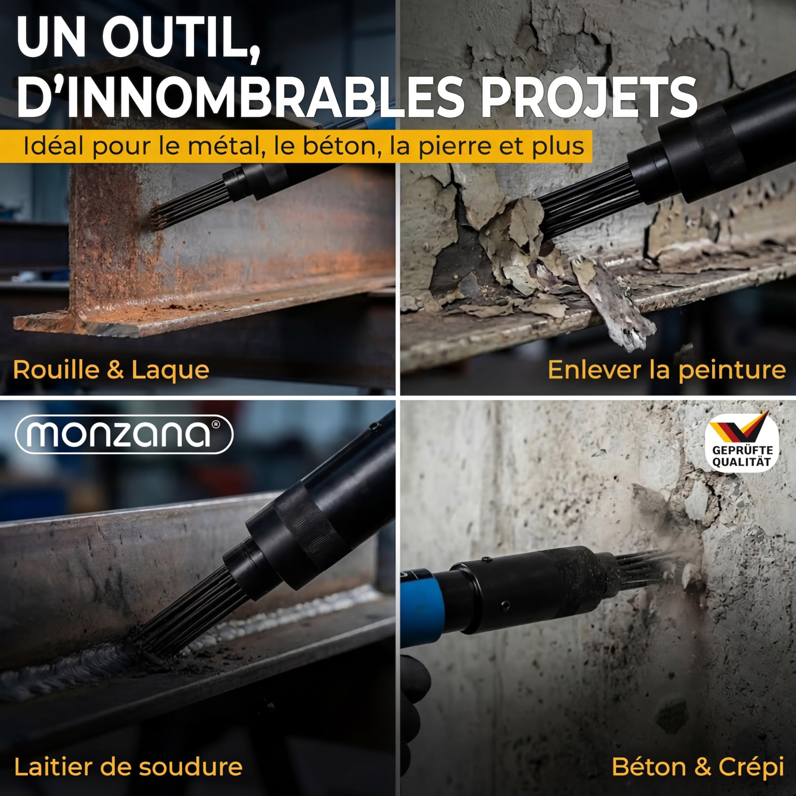 MONZANA® Dérouilleur à aiguilles pneumatique 4.000 tr/min air 260 L/min décapeur burineur marteau air comprimé rouille peinture tête de rechange