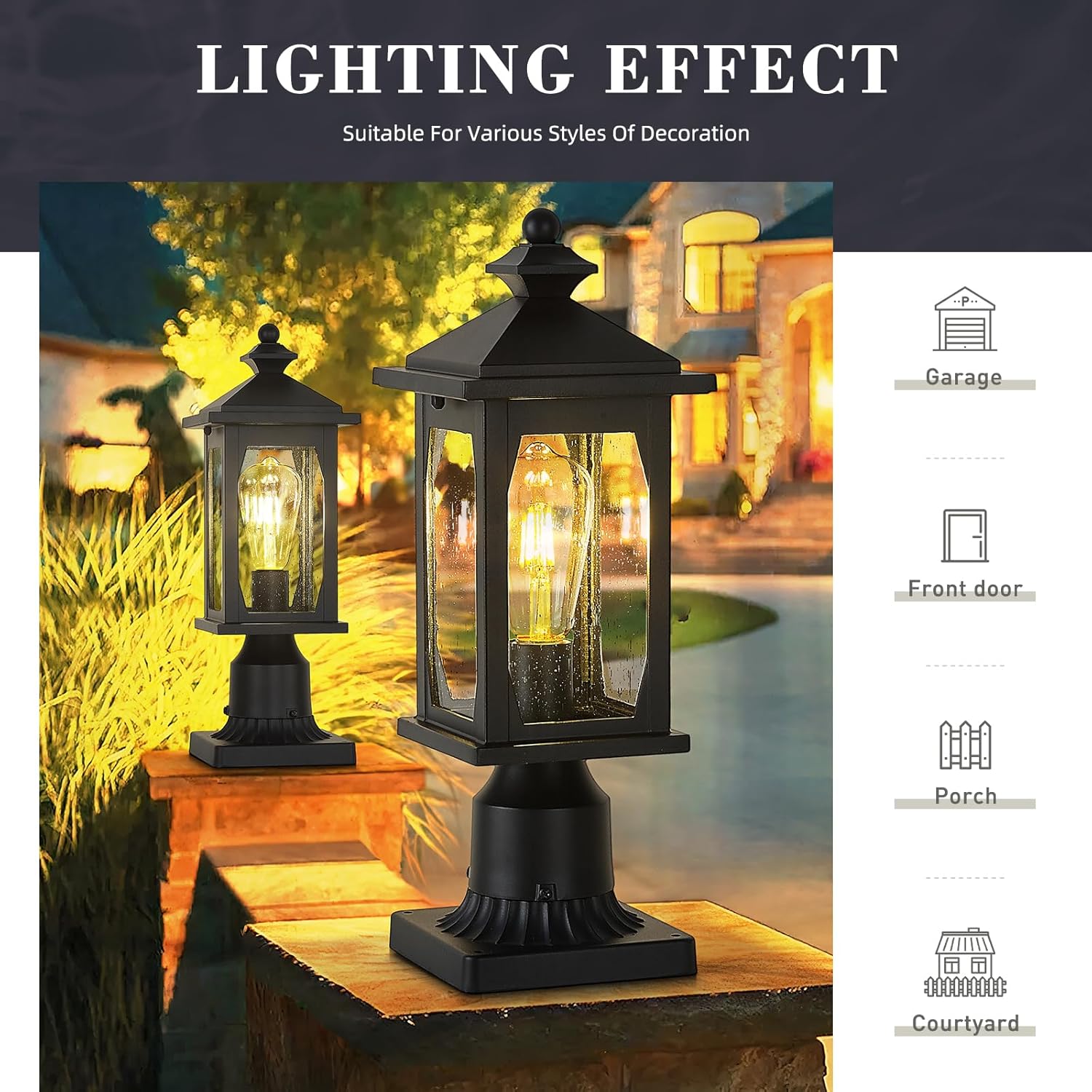 zeyu 16 Inch Outdoor Lamp Post Light, Farmhouse Exterior Post Light Fixture for House Patio Yard, Die-Cast Aluminum with Seeded Glass Shade, Black Finish, ZD99P BK