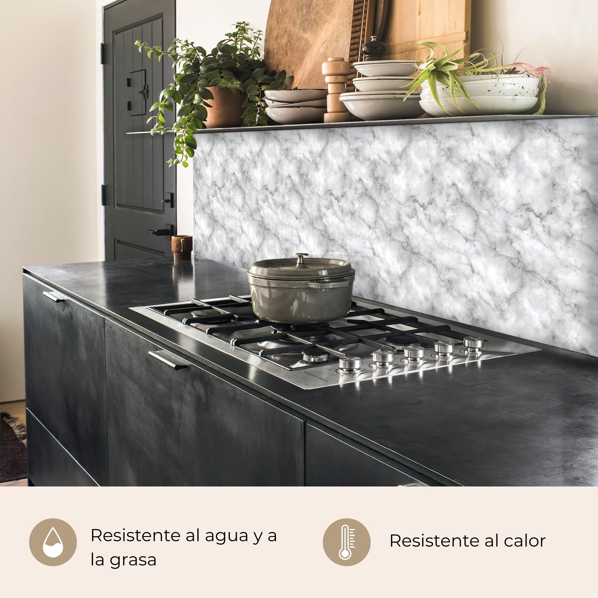 KitchenYeah© Antisalpicaduras Cocina 60x300 cm Adhesivo Salpicadero Protector Pared Salpicaduras Revestimiento Gris - Mármol - Clásico - Vetas
