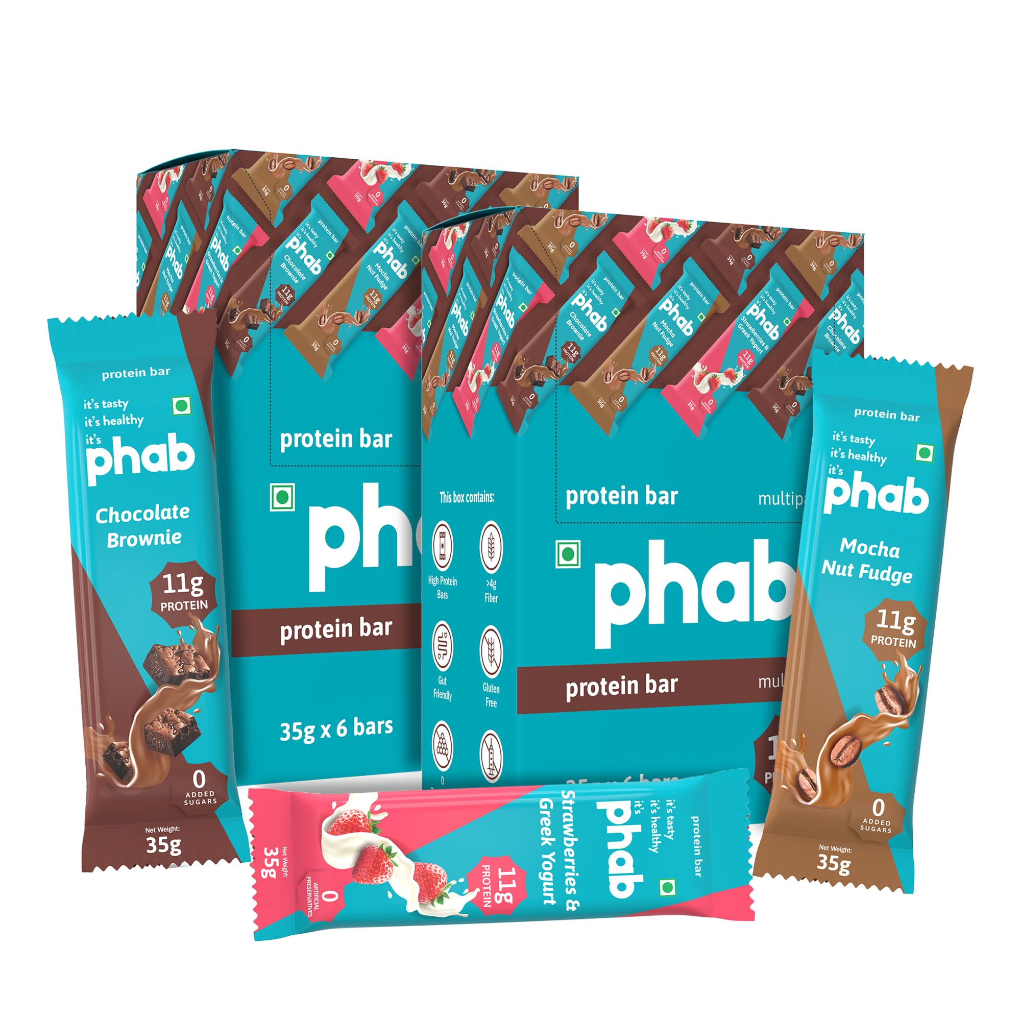Phab Assorted Protein Bars (Chocolate, Mocha, Strawberry) 11g Protein, No Added Sugar | High Fibre, Trans Fat-Free & No 