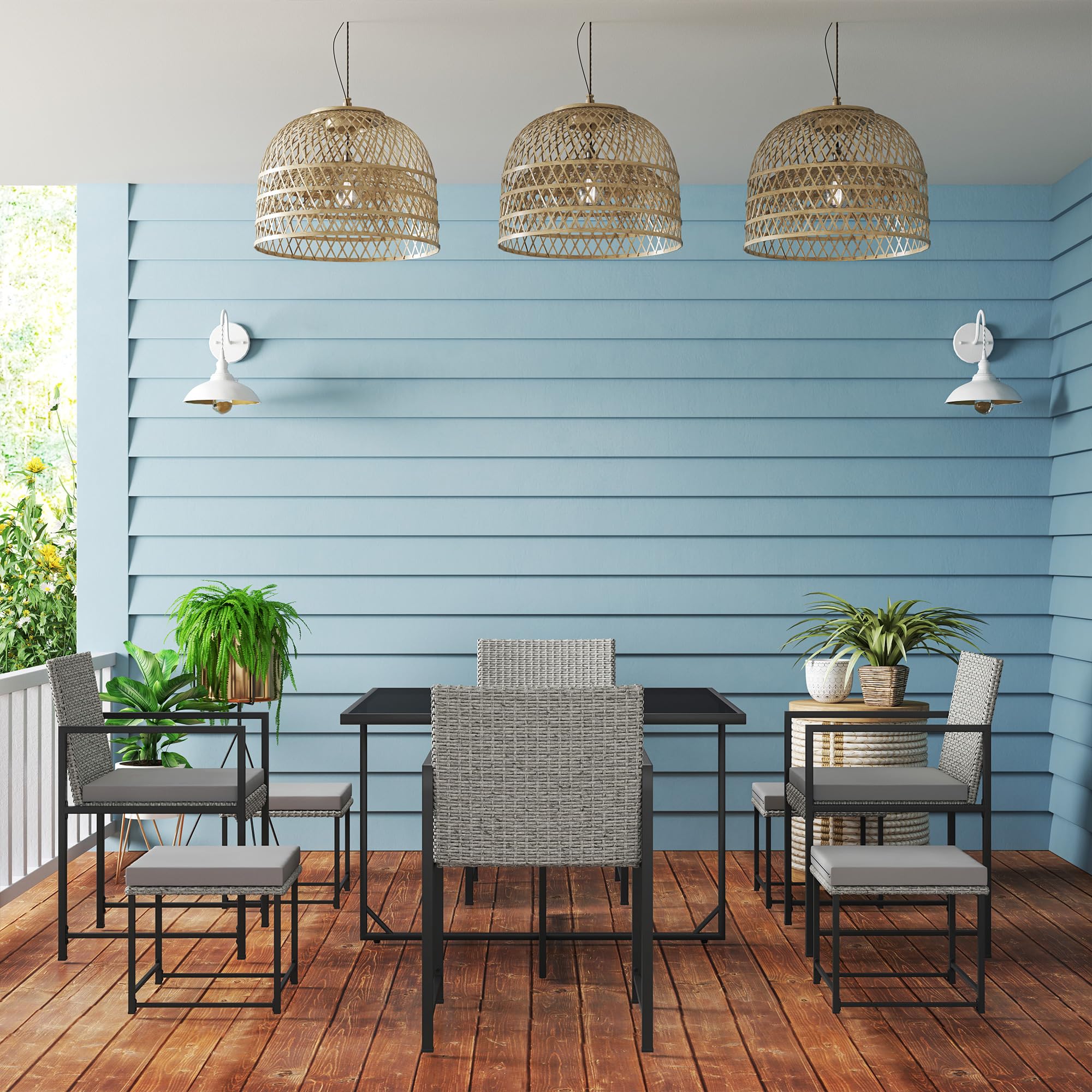 Outsunny Salon de Jardin extérieur en résine tressée 8 Places, Table et chaises de Jardin extérieur, 4 fauteuils, 4 tabourets, Coussins, Plateau en Verre trempé, pour terrasse, Balcon, Patio, Gris