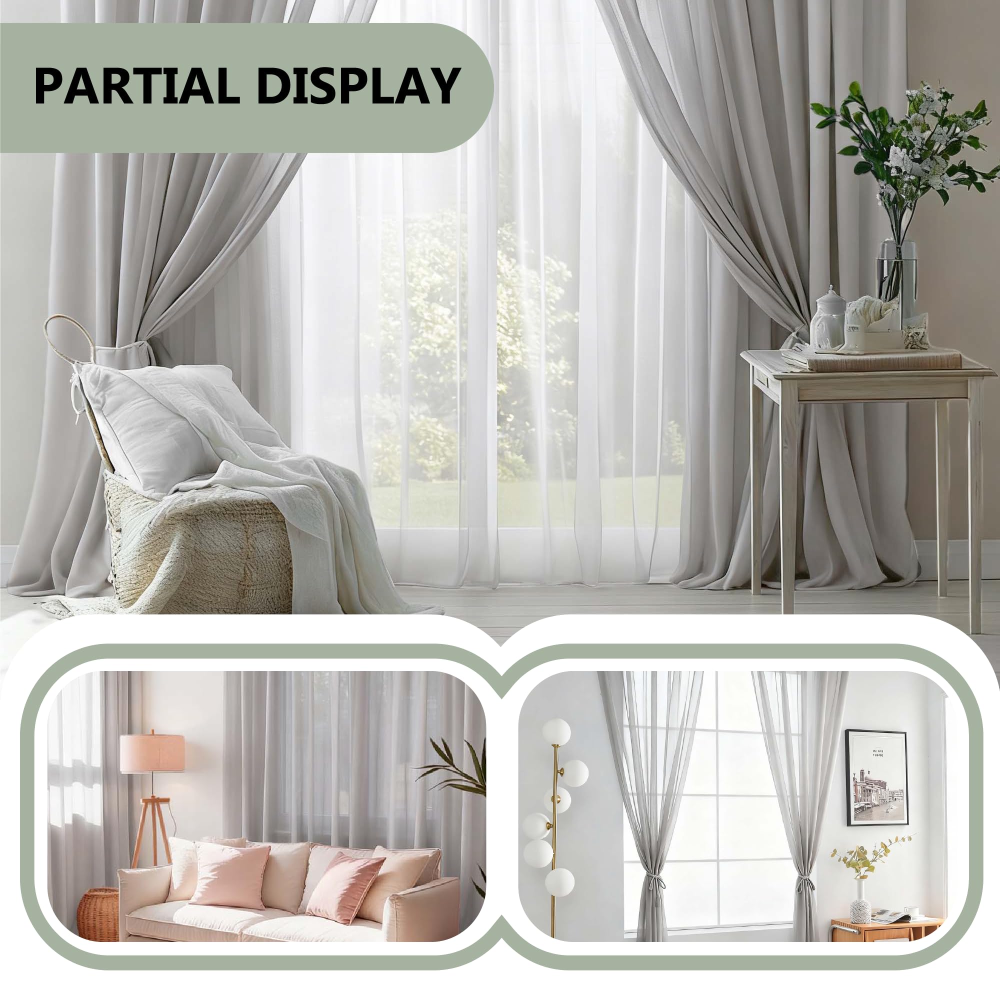 Voile Vorhänge mit Ösen 300 x 245 cm Ösenvorhang Halbtransparent Wohnzimmer Gardine Polyester für Schlafzimmer Fenstergardinen, Hellgrau