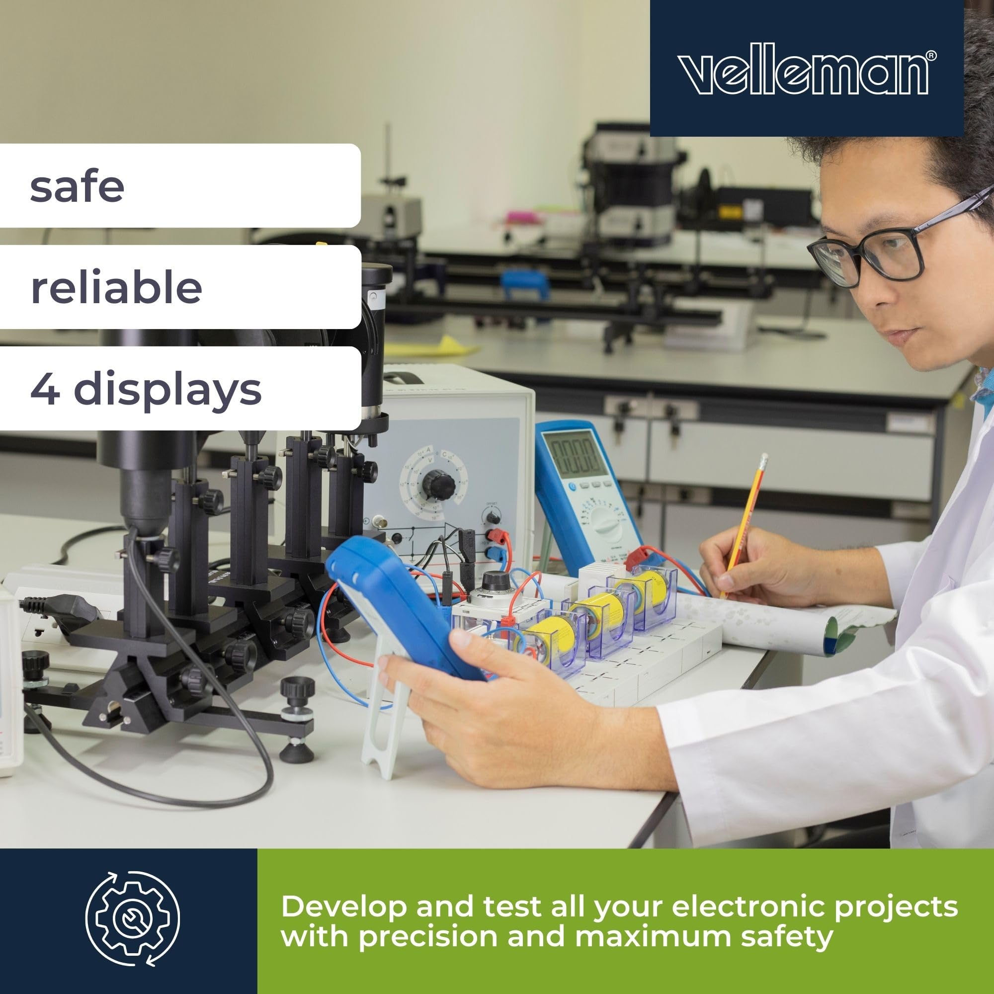 Velleman Zasilacz Lab, regulowany, 2 x 0-30 VDC/0-3 A, + 5 VDC stały/3 A, ograniczenie prądu, zabezpieczenie przeciwzwarciowe, wyświetlacz LCD 4, szary