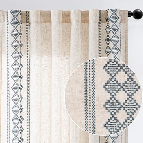 Miniatura 9 de JINCHAN Cortinas bohemias de lino blanco, borde con bordado, para ventana, dormitorio y sala de estar, 84 pulgadas de largo (213.36 cm), 2 paneles