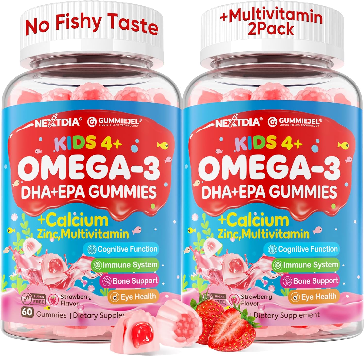 Nextdia Omega 3 (EPA/DHA) Filled Gummies for Kids with Multivitamin, Calcium + D3 + K2 + Zinc, Plus Vitamin A B1 B2 B12 C, Selenium, Iodine for Brain, Eye, Bone, Energy, No Fish Taste, 2 Pack
