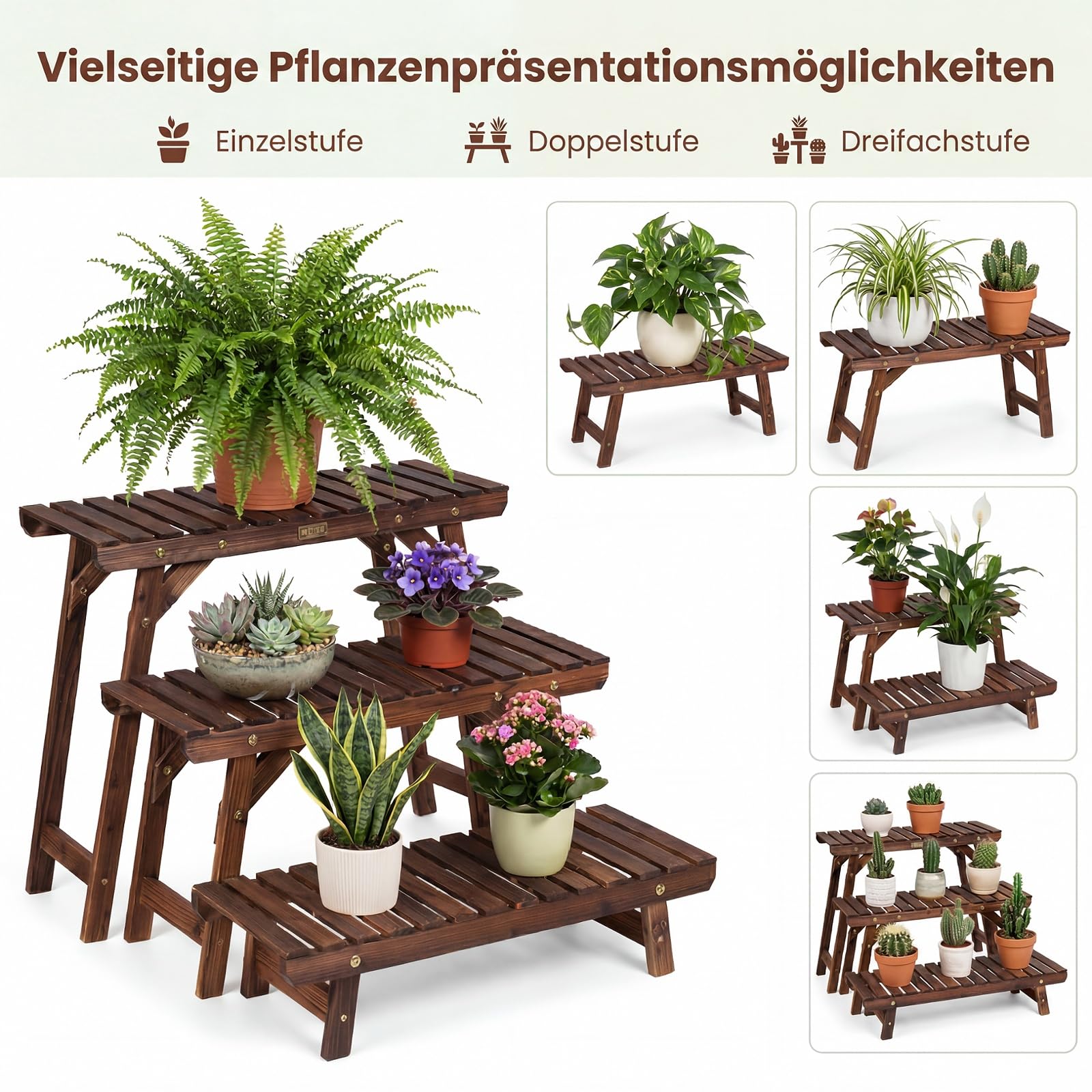 GYMAX 3-stufiges Blumenregal, kombinierbarer Pflanzenregal Outdoor, Pflanzenständer Blumenständer aus Tannenholz im Lattenrost-Design, mehrschichtiges Blumentopfregal für Garten, Hof