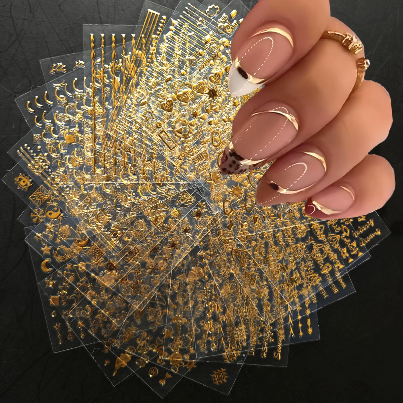 120 Mini Sheets Gold Nail Art Decals - Non-Repeating Stars, Geometric Lines, Letters, Flowers, Snowflakes, French Designs - Gel Stickers for Nail Decoration
