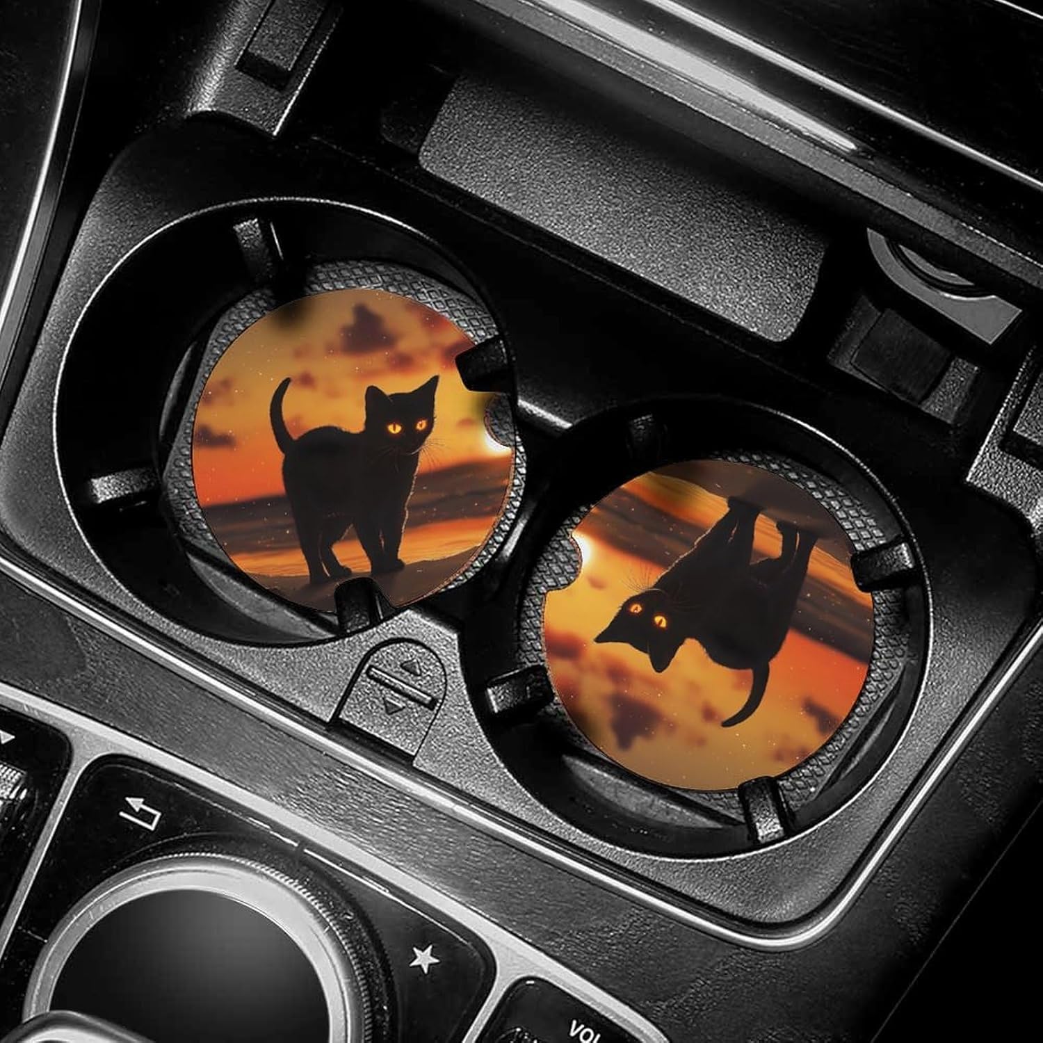 Black Cat Beach Sunset Cute Car Coasters 2.56 Inch Absorbent Cup Holder for Drinks Auto Interior Accessories
