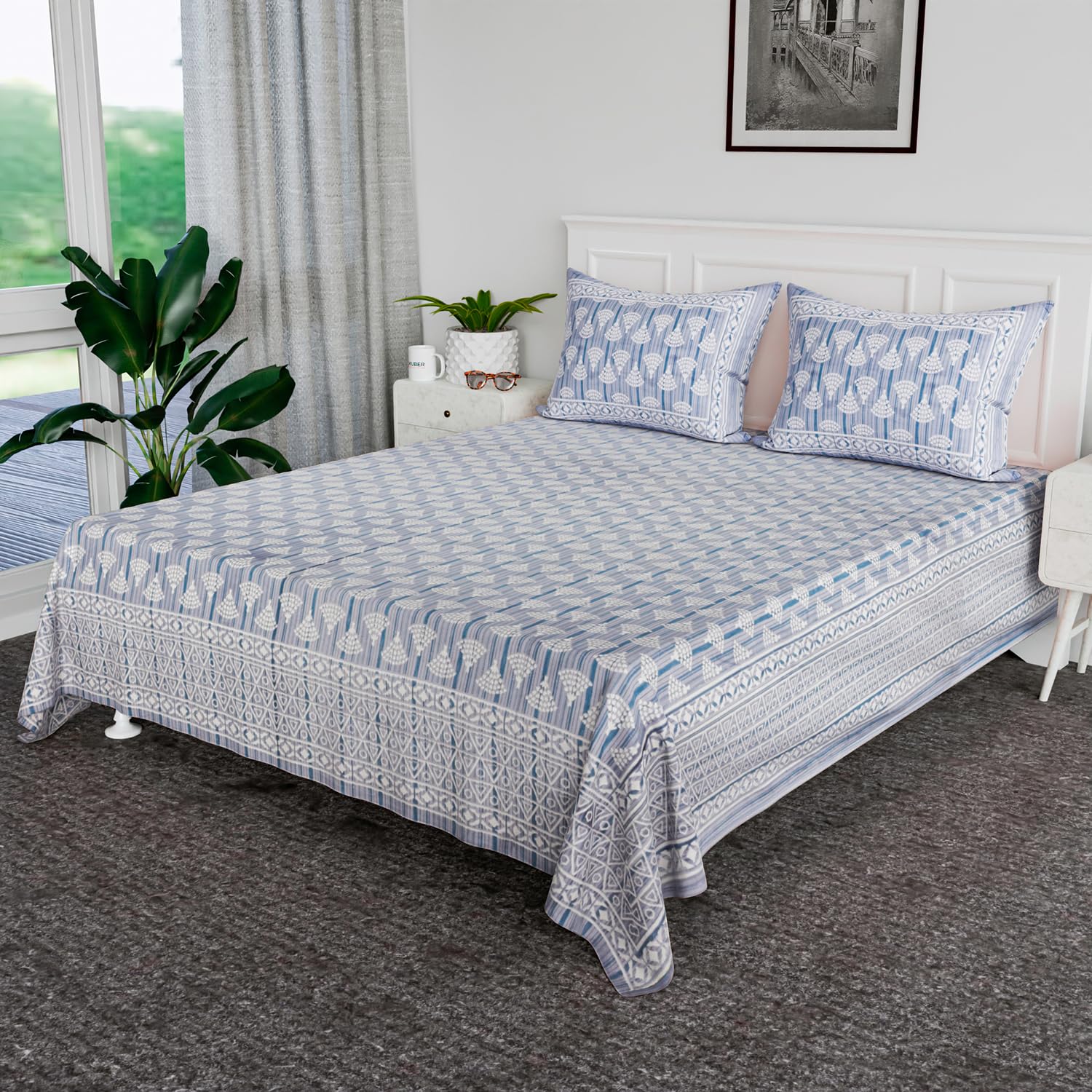 Kuber Industries Double Bedsheet | Premium Cotton Bedsheet with 2 Pillow Covers | Bedsheet for Bedroom | Bedsheet for Double Bed | Triangle Border Heritage | 90x108 Inch | Gray (B0CKF6YC39) Amazon Price History, Amazon Price Tracker