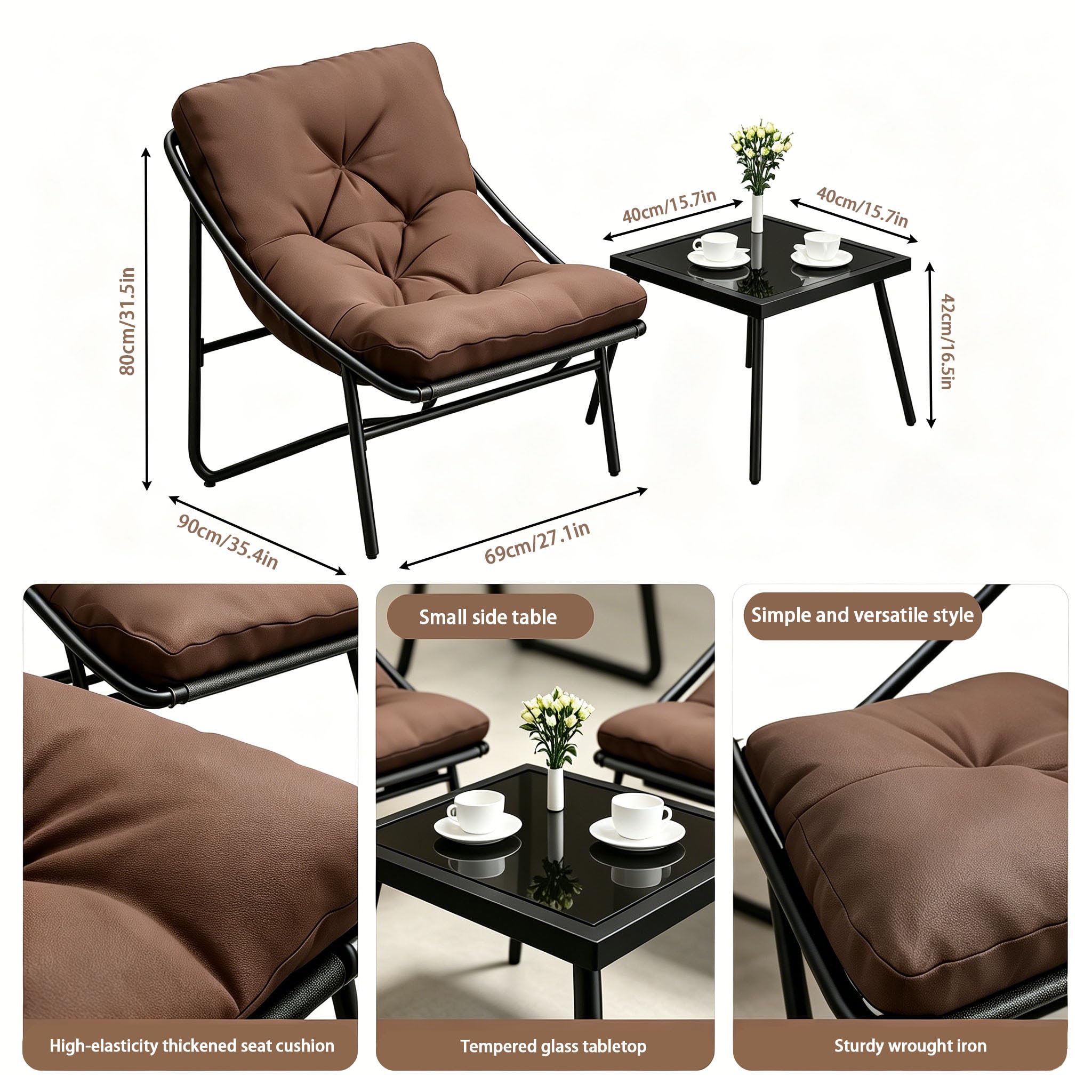 Set di mobili da balcone, 3 pezzi, mobili da giardino e terrazza con 2 sedie, tavolo e cuscini, set da balcone per 2 persone, tavolino in vetro temperato, piccoli mobili da balcone per cortile