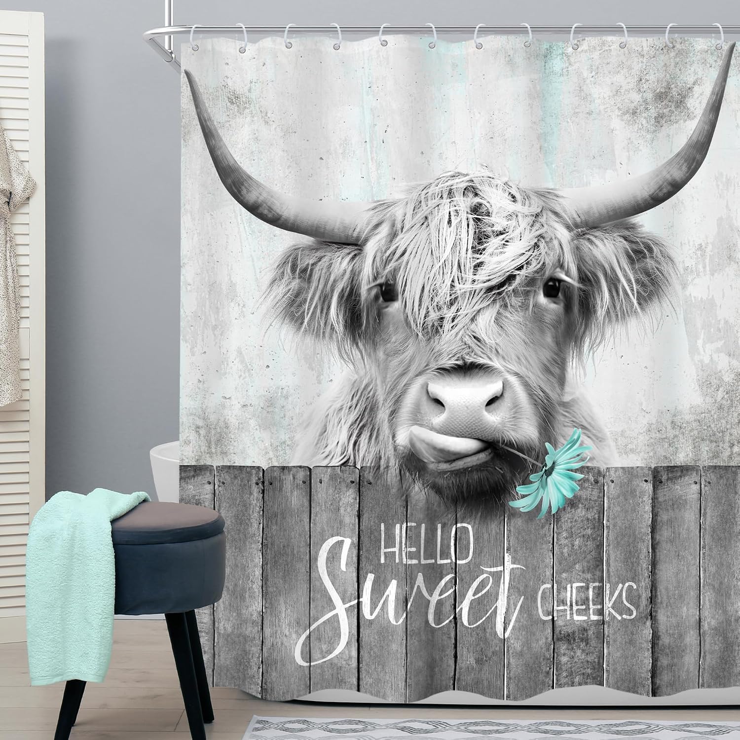 Cinbloo Funny Gray Highland Cow Shower Curtain 72Wx72H Vintage Farmhouse Western Longhorn Bull Animal Rustic Country Bathroom Curtain Set Wooden Daisy Bath Curtain Fabric Bathroom Decor with 12 Hooks