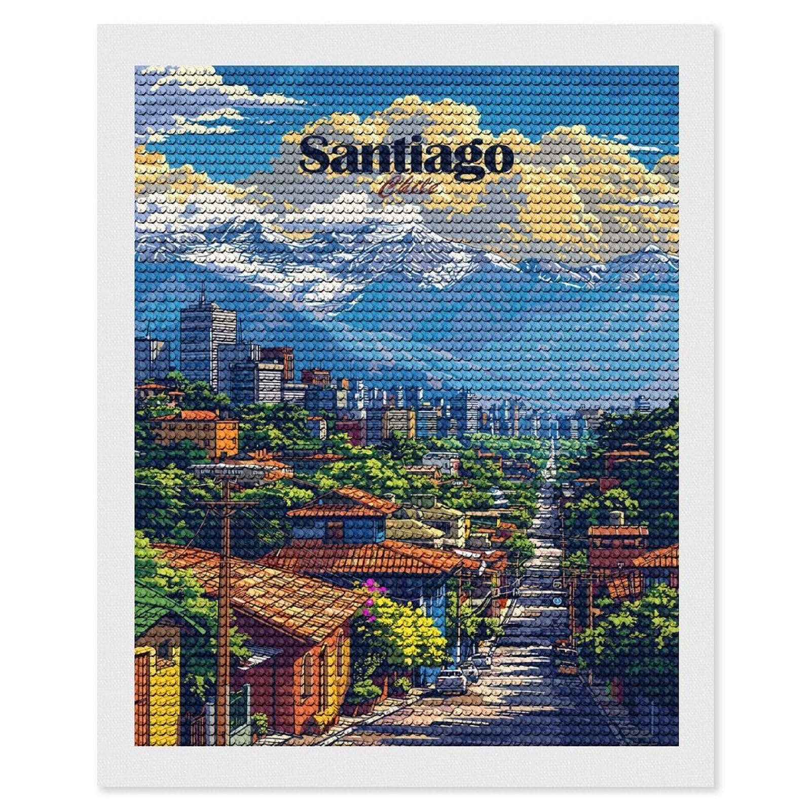 Junmoney Santiago Chile Cityscape Illustration Round Drill Diamond Painting 16"x20", for Adults, Creative Leisure Activity, Office Decor, Holiday Gift Idea