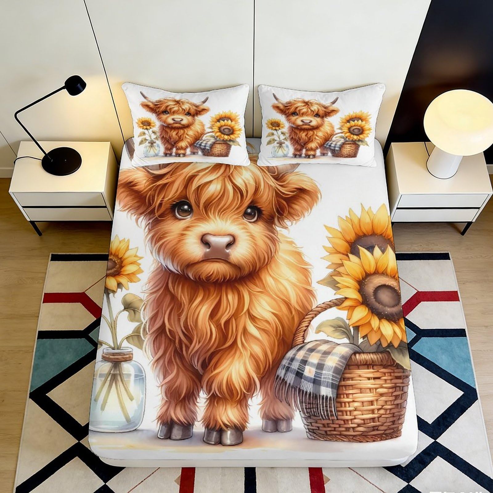 3D Printed Highland Cow Fitted Sheet Microfiber Sunflower Mattress Cover Soft Washable Bedroom Dorm Decor 90x200x25cm