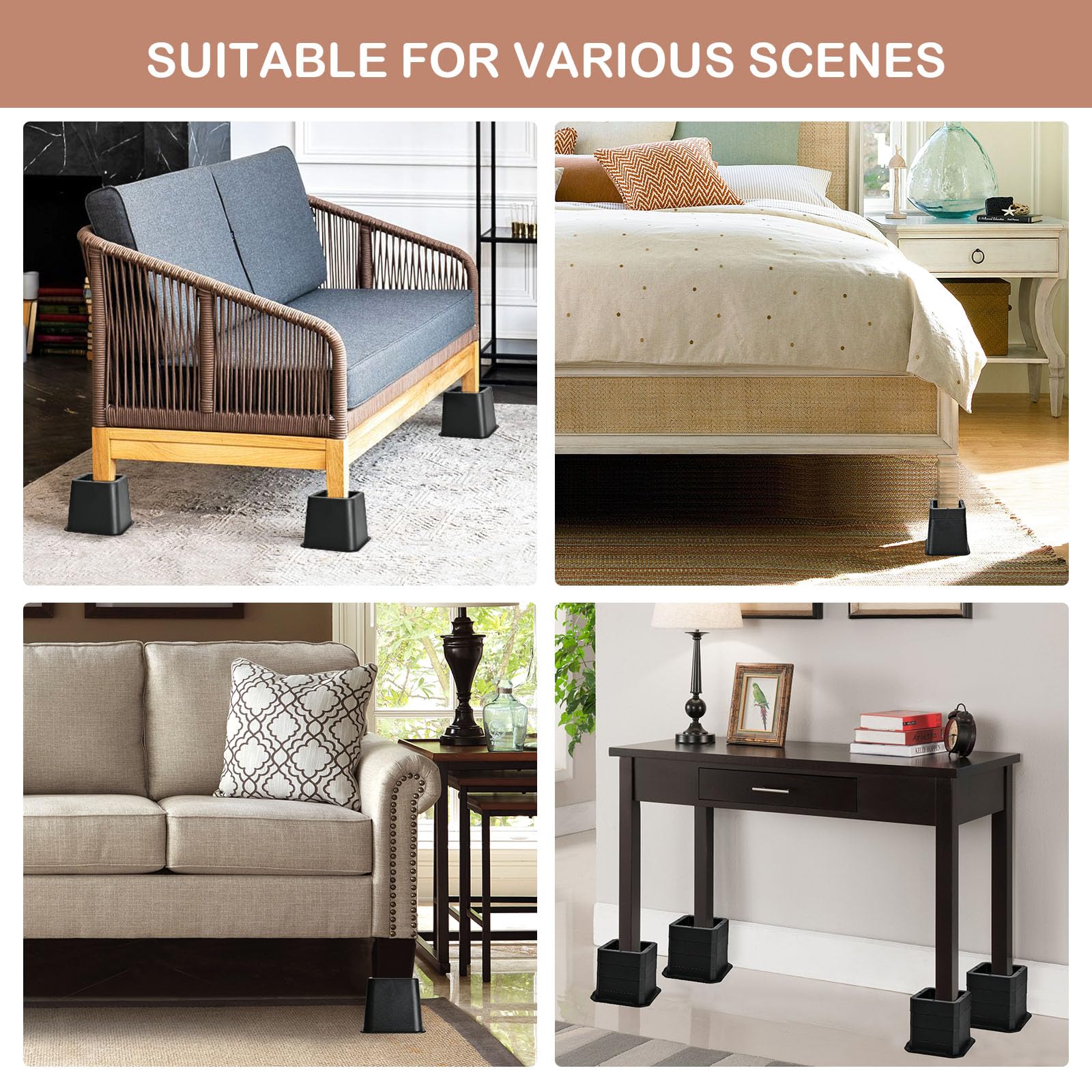 shouwuhho 20 rialzi regolabili per letto, 3, 7,5 o 15,2 cm, resistenti, alzate per mobili, elevazione in altezze 1, 2, 3, 4, 5, 15 cm, per divano, tavolo, sedia, sollevatori fino a 2,7 kg, nero