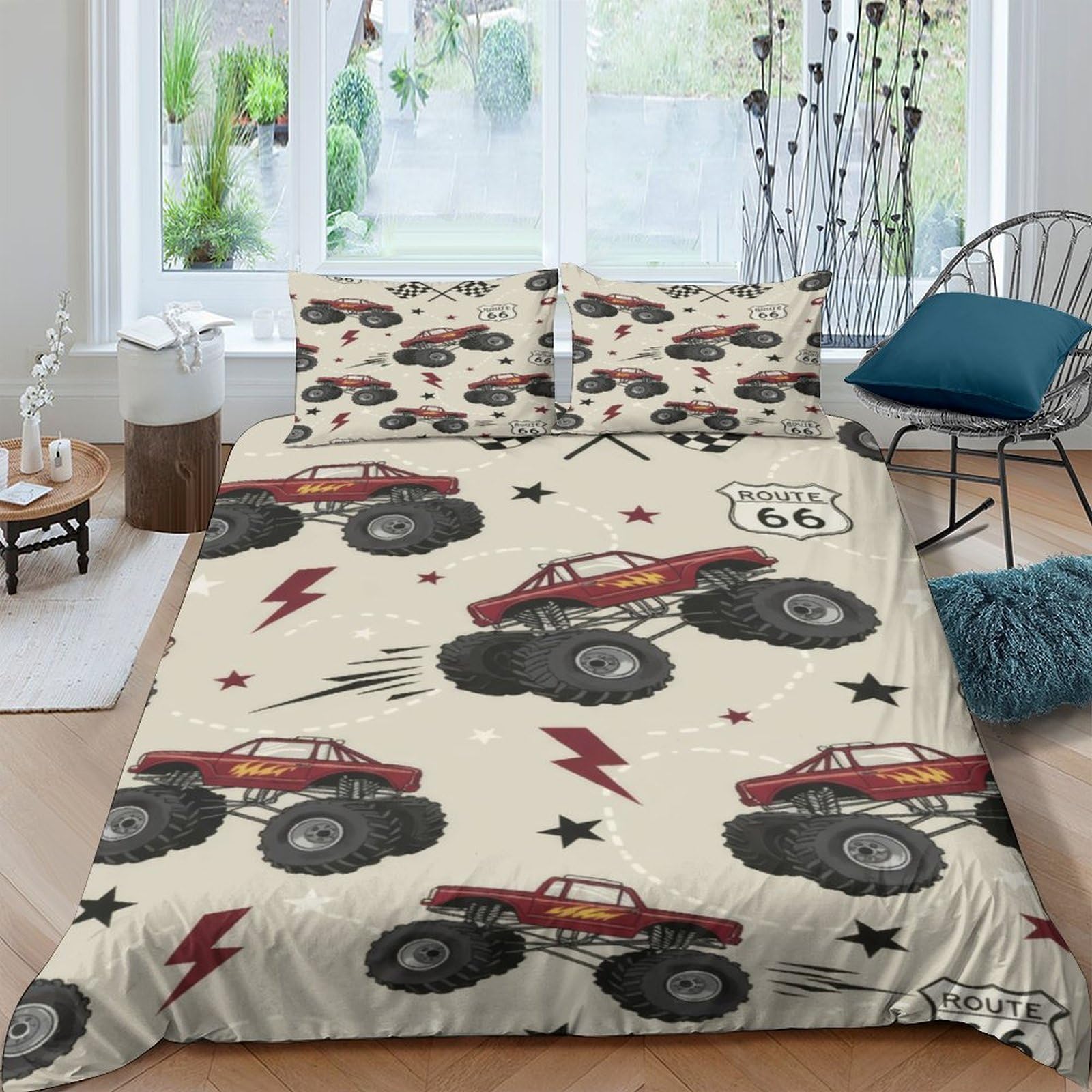 GPLZQXKJNH 3D Printed Monster Truck Duvet Cover Microfiber Soft Breathable Lightning Bedding Set with 2 Pillowcases for Bedroom Decor Single（135x200cm）