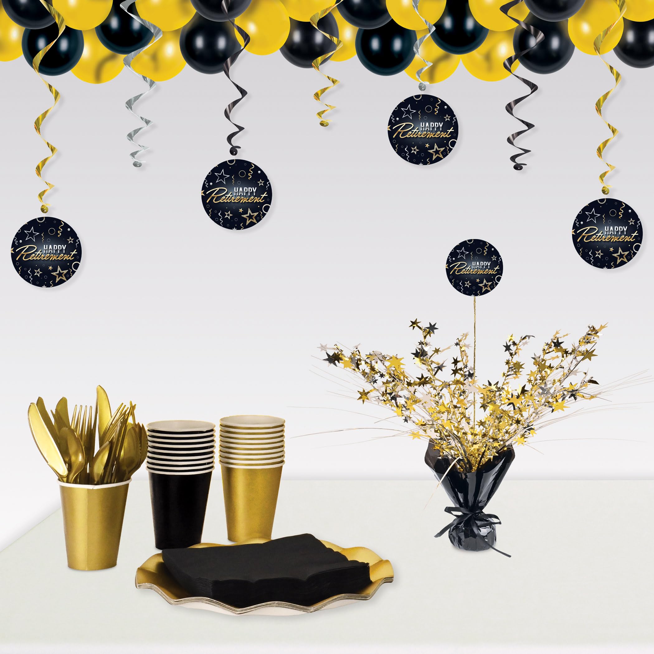 Beistle Happy Retirement Gleam 'N Spray Centrotavola – Confezione da 2 centrotavola in metallo nero oro e argento, decorazioni per feste per banchetti, invii in ufficio, eventi celebrativi pietra