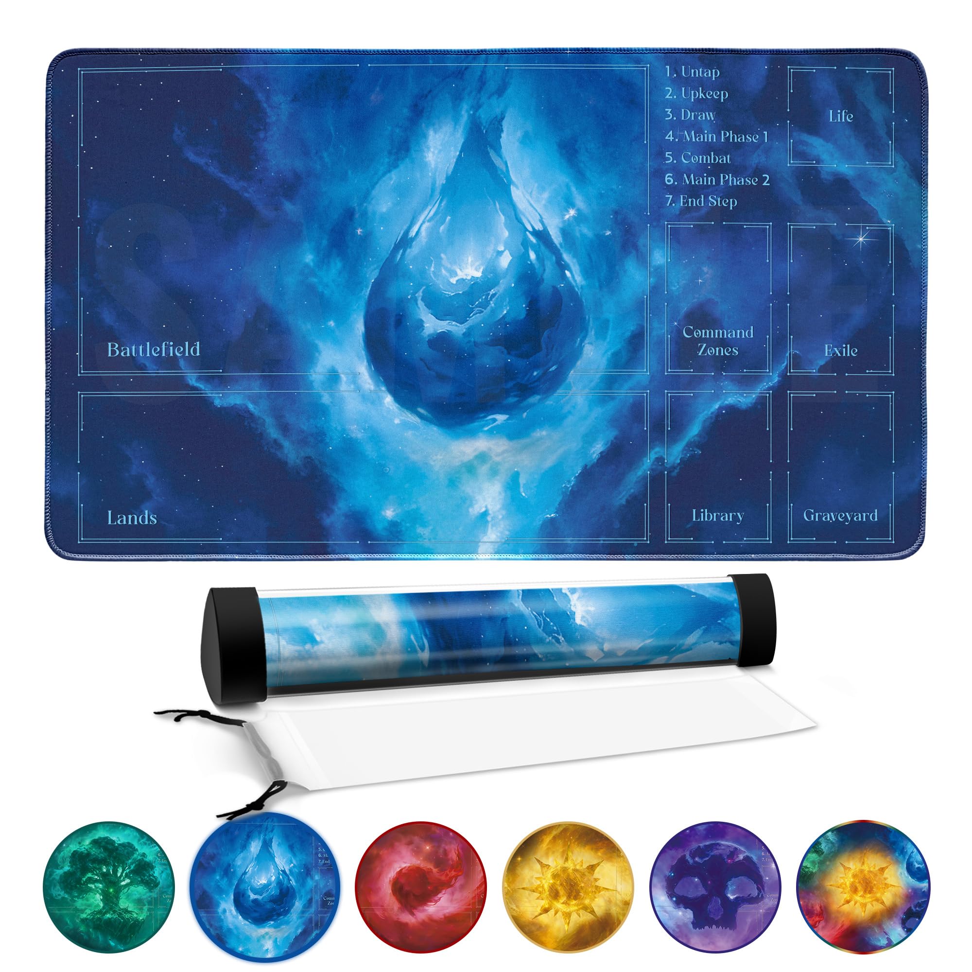 FROGIGO Stellar Island Playmat for MTG – 24"x14" Blue Cosmic Water Game Mat with Play Zones & Prismatic Playmat Tube, Non-Slip Table Mat for Magic The Gathering