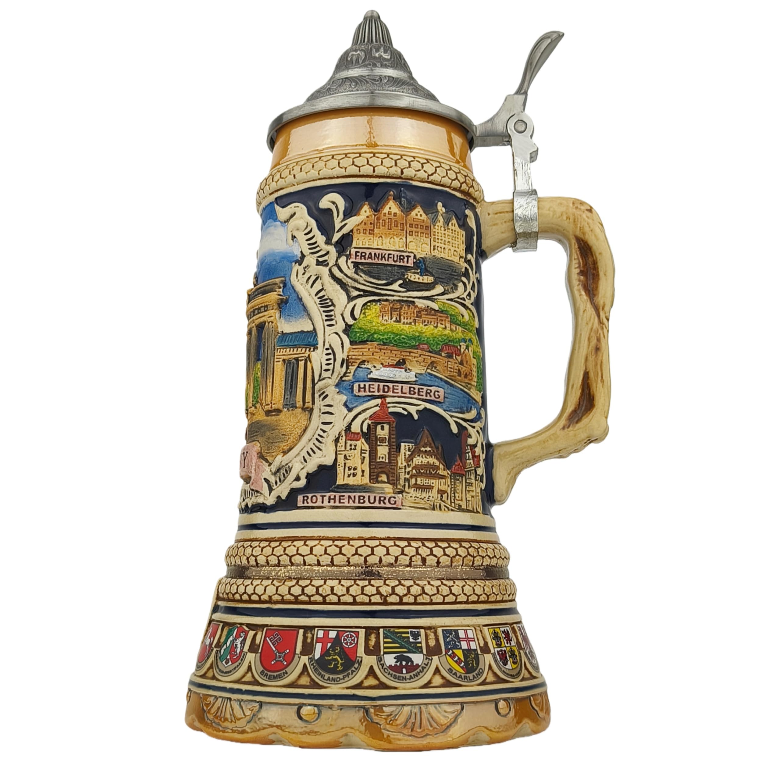 Bierkrug mit Deckel 0,7L - Steinkrug mit Deutschland-Motiv und XL-Boden Design - Brandenburger Tor auf der Vorderseite - Geschenkidee für Männer - Ideal für Zuhause, Fest & Sammlung
