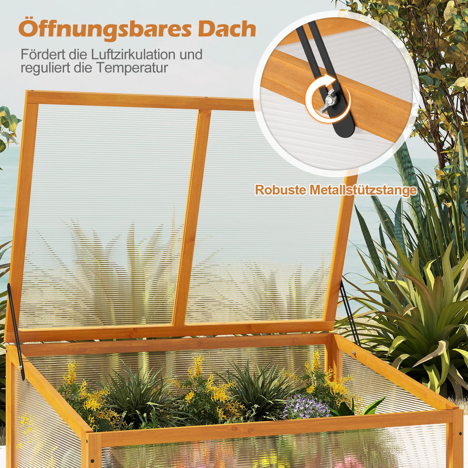 COSTWAY Frühbeet Gewächshaus, mini Treibhaus, Frühbeetaufsatz, Hochbeet Abdeckung, Frühbeetkasten Aufsatz für Garten, Terrasse & Balkon, 94 x 63 x 40 cm (Orange)
