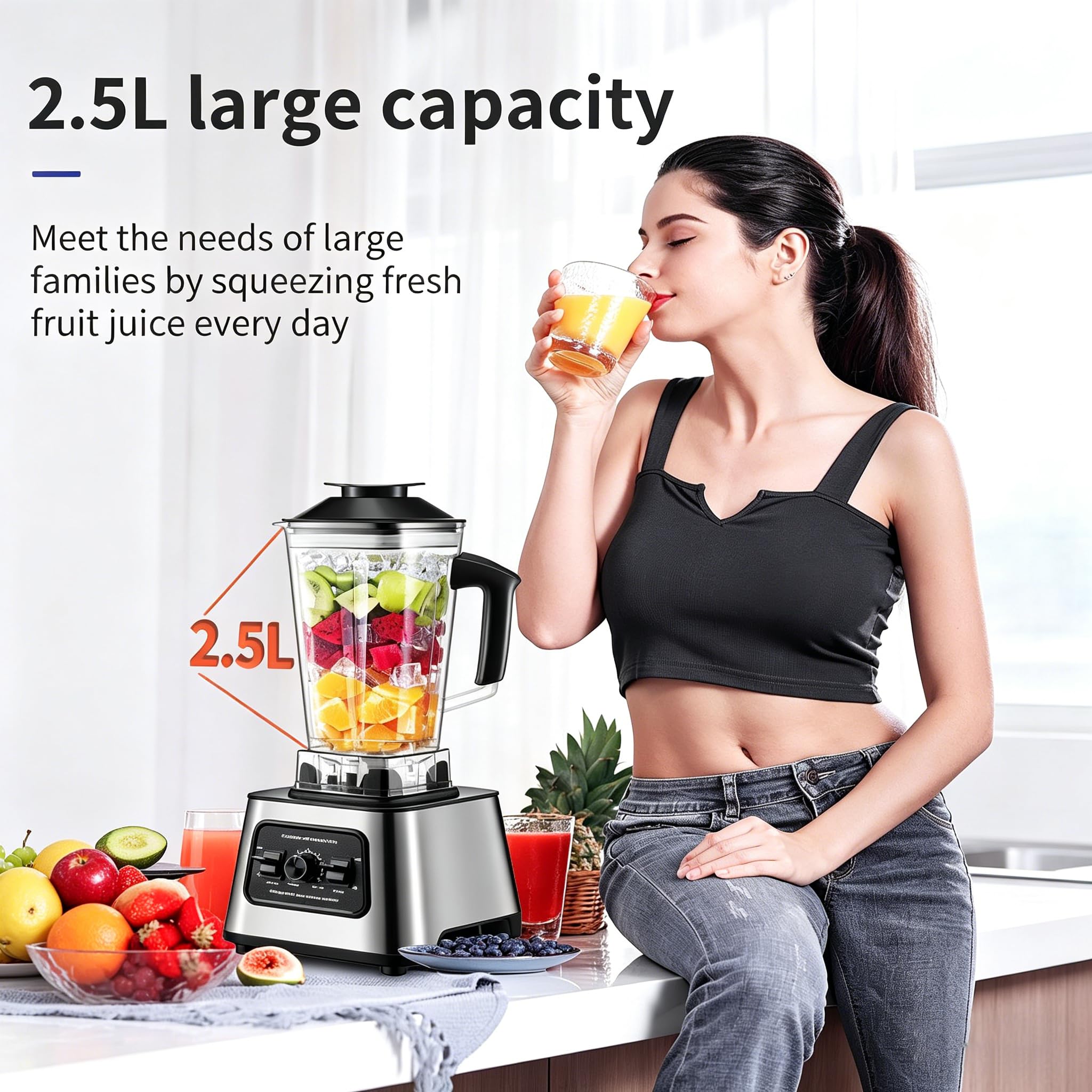 Blender do żywności 6000 W, szybkoobrotowy blender o pojemności 2,5 l z 8 ostrymi ostrzami i funkcją czyszczenia jednym kliknięciem, ekspres do smoothie 2 w 1 do koktajli, miksowania mrożonych napojów