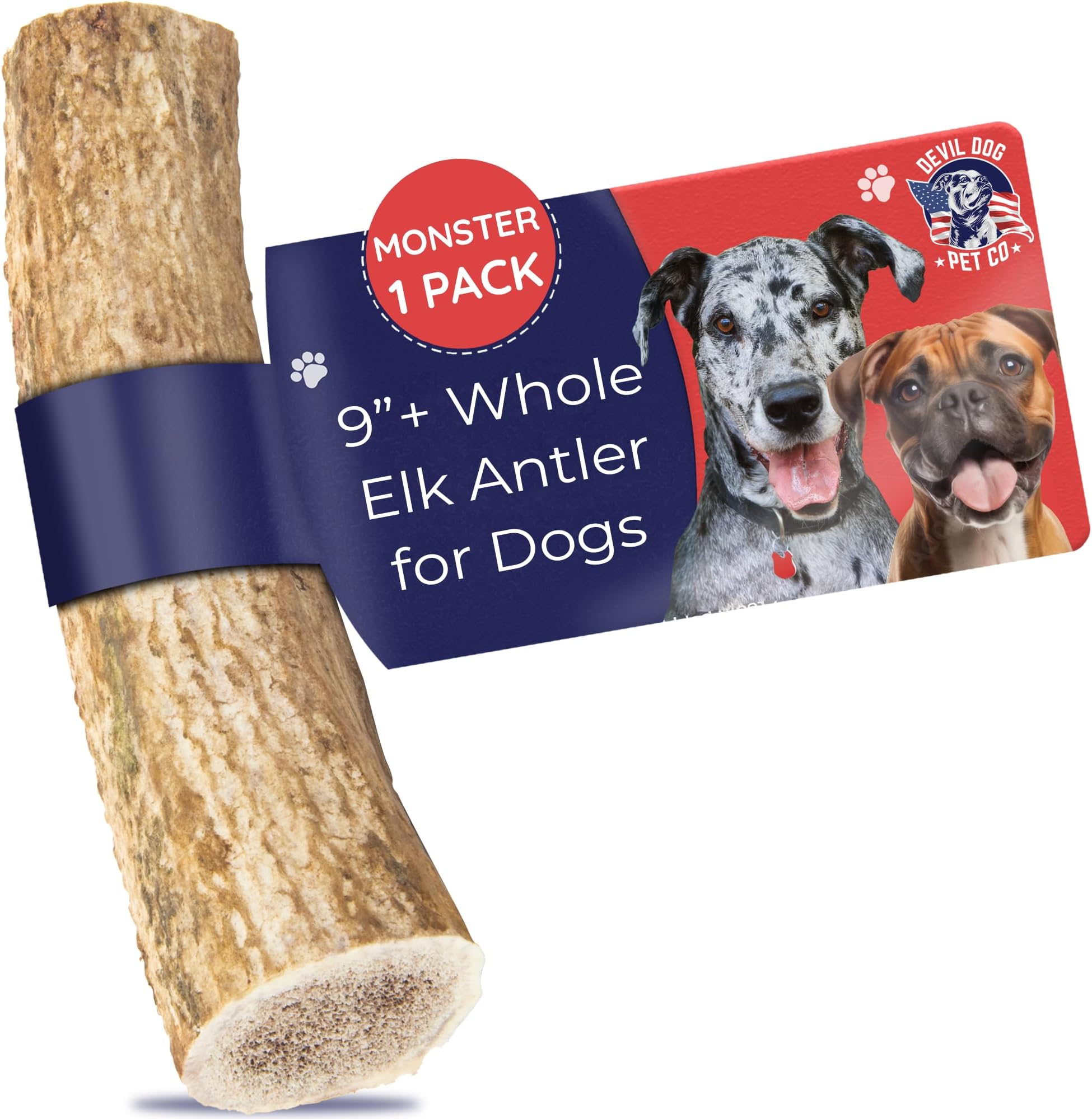 Devil Dog Pet Co - Elk Antler for Dogs Monster 12.5 oz Min - Long Lasting Dog Chew for XL & Giant Breed Power Chewers - Naturally Shed Grade A Rocky Mountain Elk, Anxiety & Boredom Relief (90+ lbs)