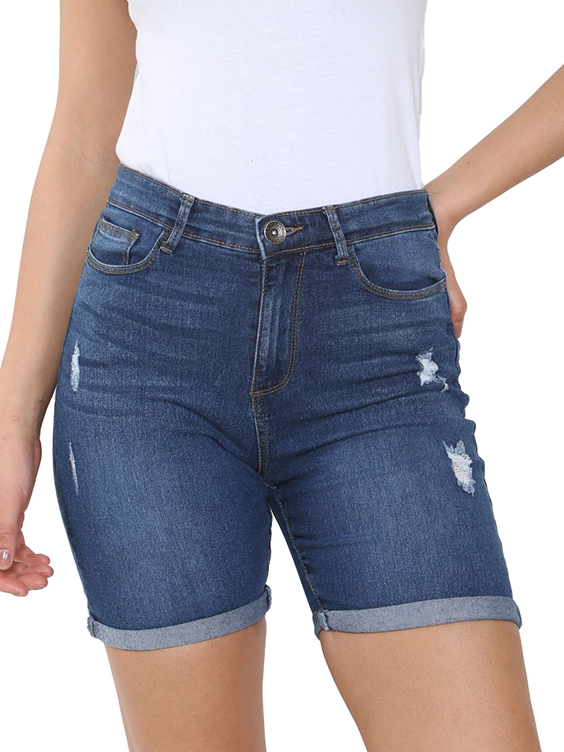 989Zé Enzo Women's Blue Denim Shorts Skinny Stretch Casual Ripped Turned Up Hem Short Hot Pants With Pockets (Uk, Numeric,, Regular, Regular, ) Size 6