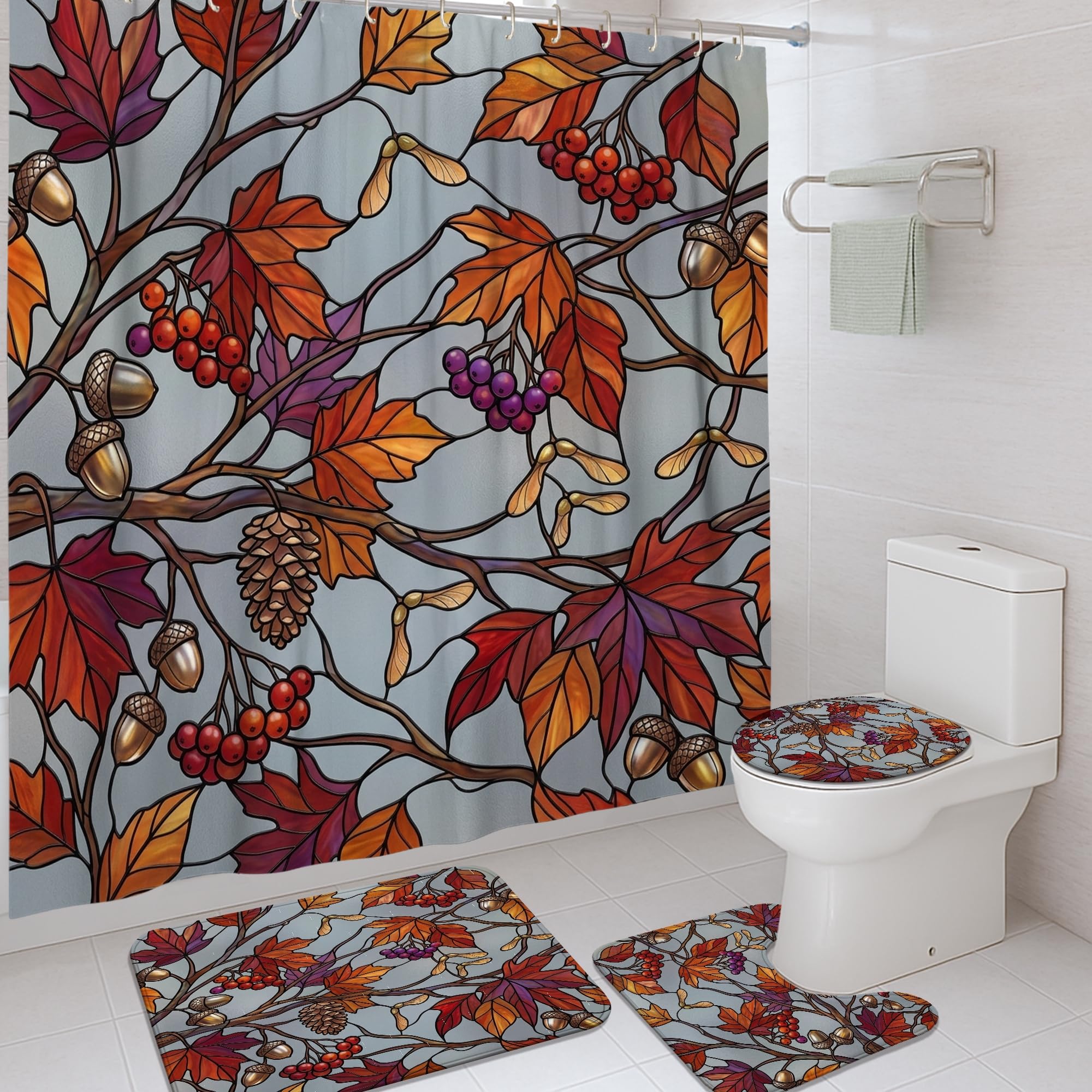 Rideau de douche automne avec crochets et tapis de bain assorti 183x183