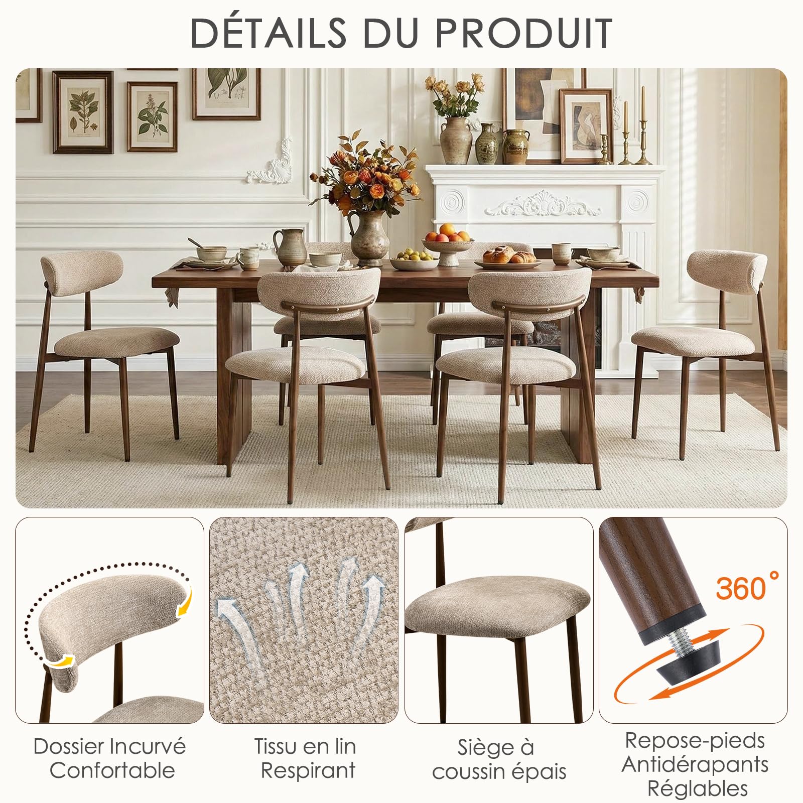Lot de 4 Chaises de Salle à Manger, Chaises de Cuisine en Tissu Chenille, Fauteuil Salon Rembourrée avec Cadre en Métal en Noyer pour Salle à Manger Salon Cuisine Terrasse, Camel
