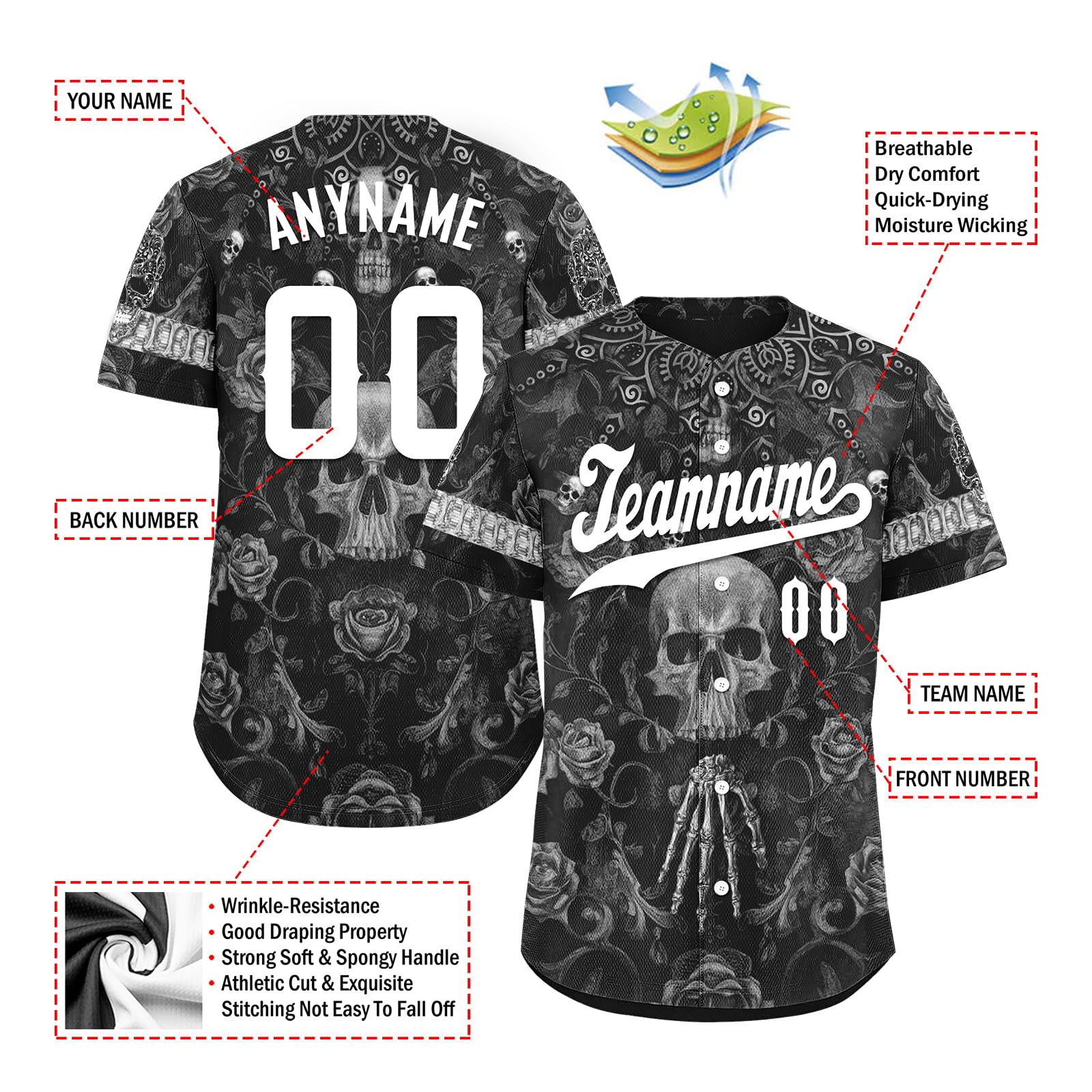Custom Halloween Baseball Jersey for Men Women Kids Skull Casual Hip Hop Softball Jersey Print Name Numbers,Gift for Horror Lovers