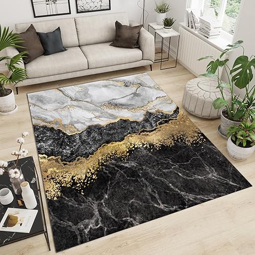 Nordic - Alfombra artística de lujo para sala de estar, alfombra moderna con textura de mármol negro, dorado y blanco, antideslizante, transpirable, disponible en Yaxa Peru
