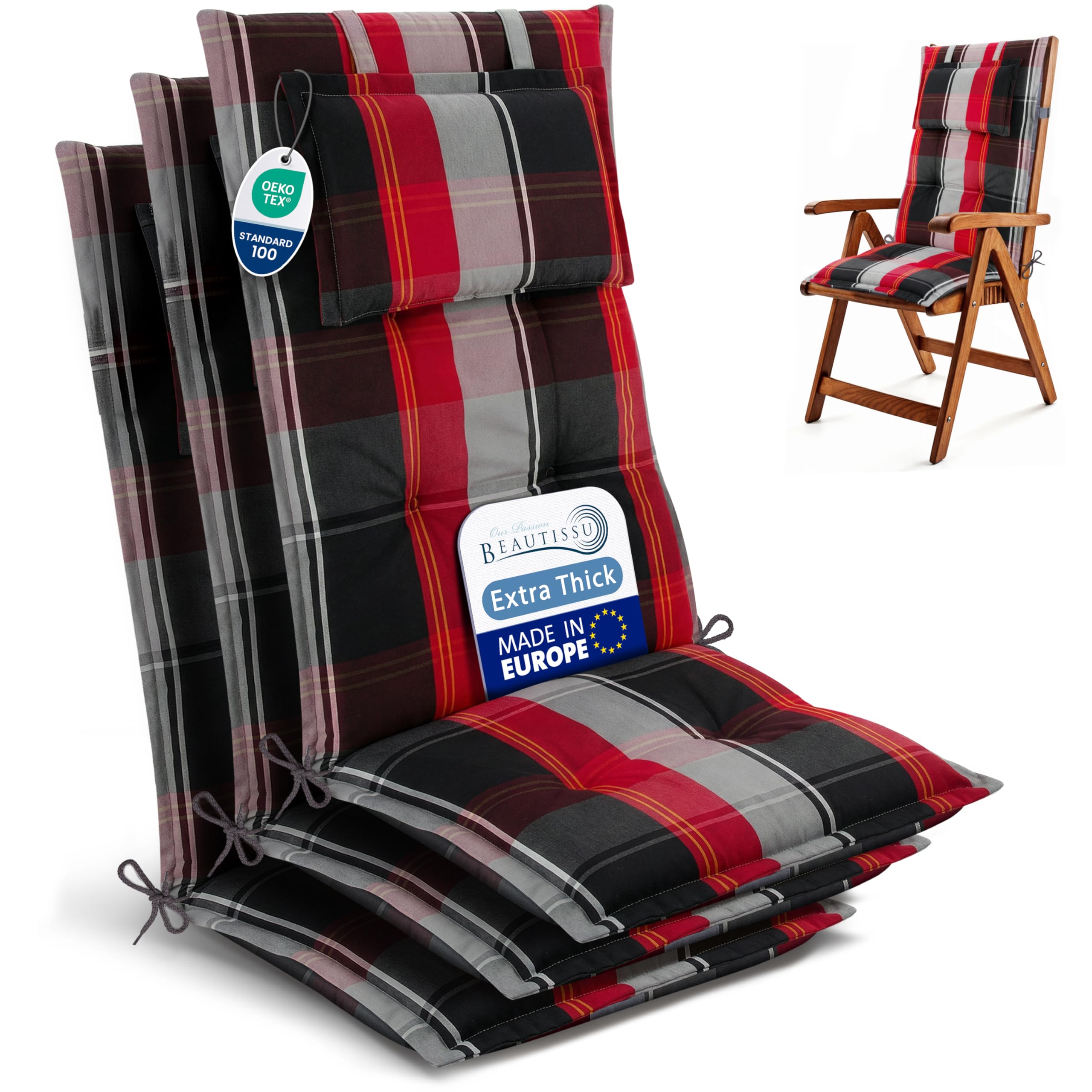 Beautissu 3 Premium High Back Garden Outdoor Chair Cushions for Rattan Seat
