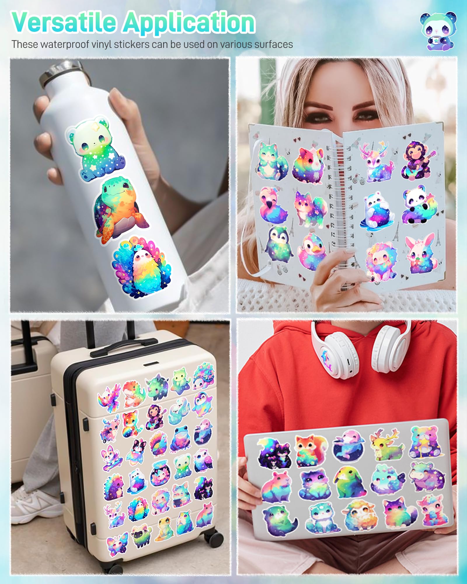 Zestaw 100 uroczych tęczowych naklejek ze zwierzętami, dla dzieci, dziewcząt, nastolatków, kawaii, wodoodporne winylowe naklejki na butelkę wody, estetyczna kreskówka zwierzę naklejka na laptopa