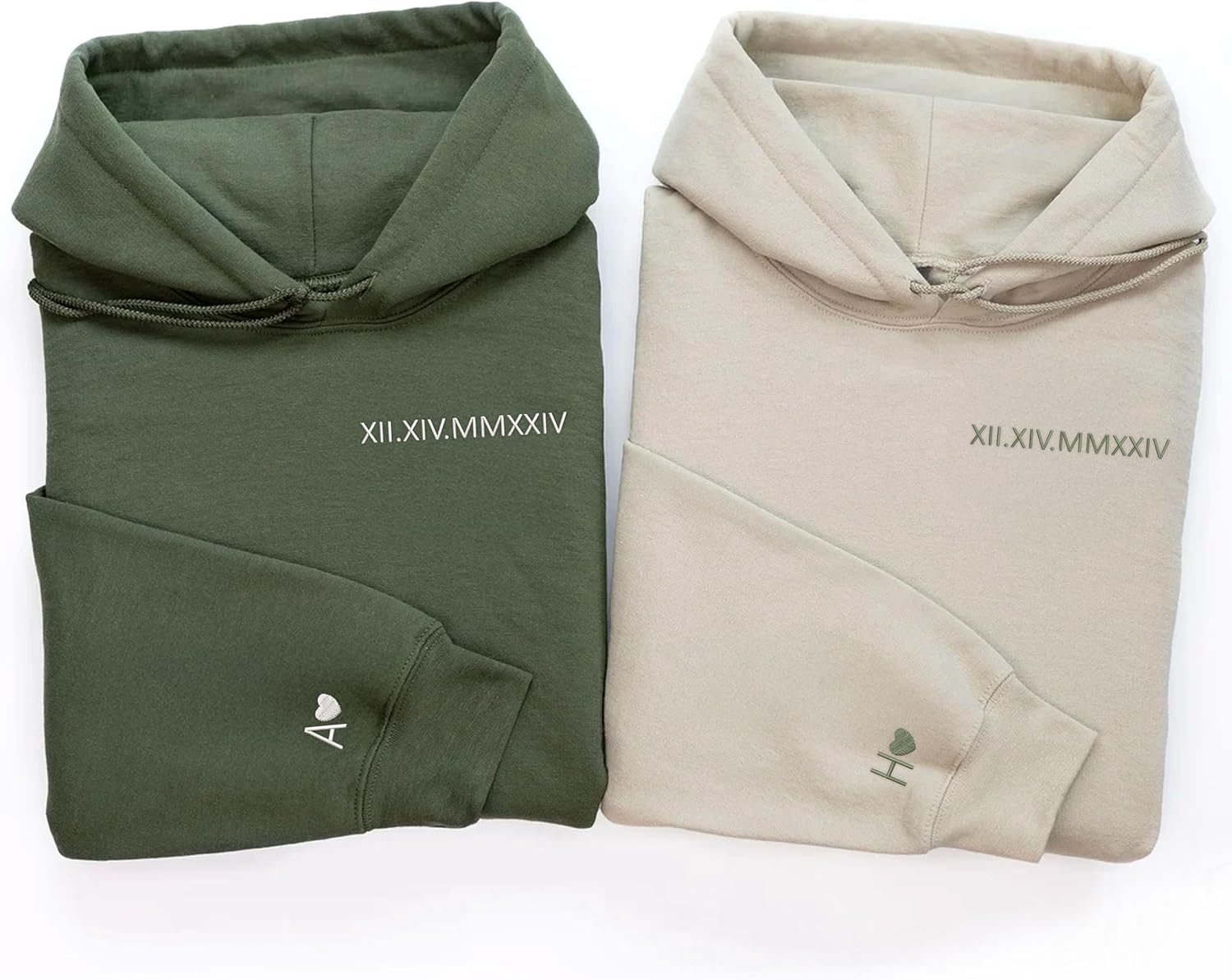 Custom Embroidered Roman Numeral Date Couples Hoodies with Initials on Sleeve – Matching Sweatshirt for Couples – Personalized Valentine’s Day Gifts Multicolor