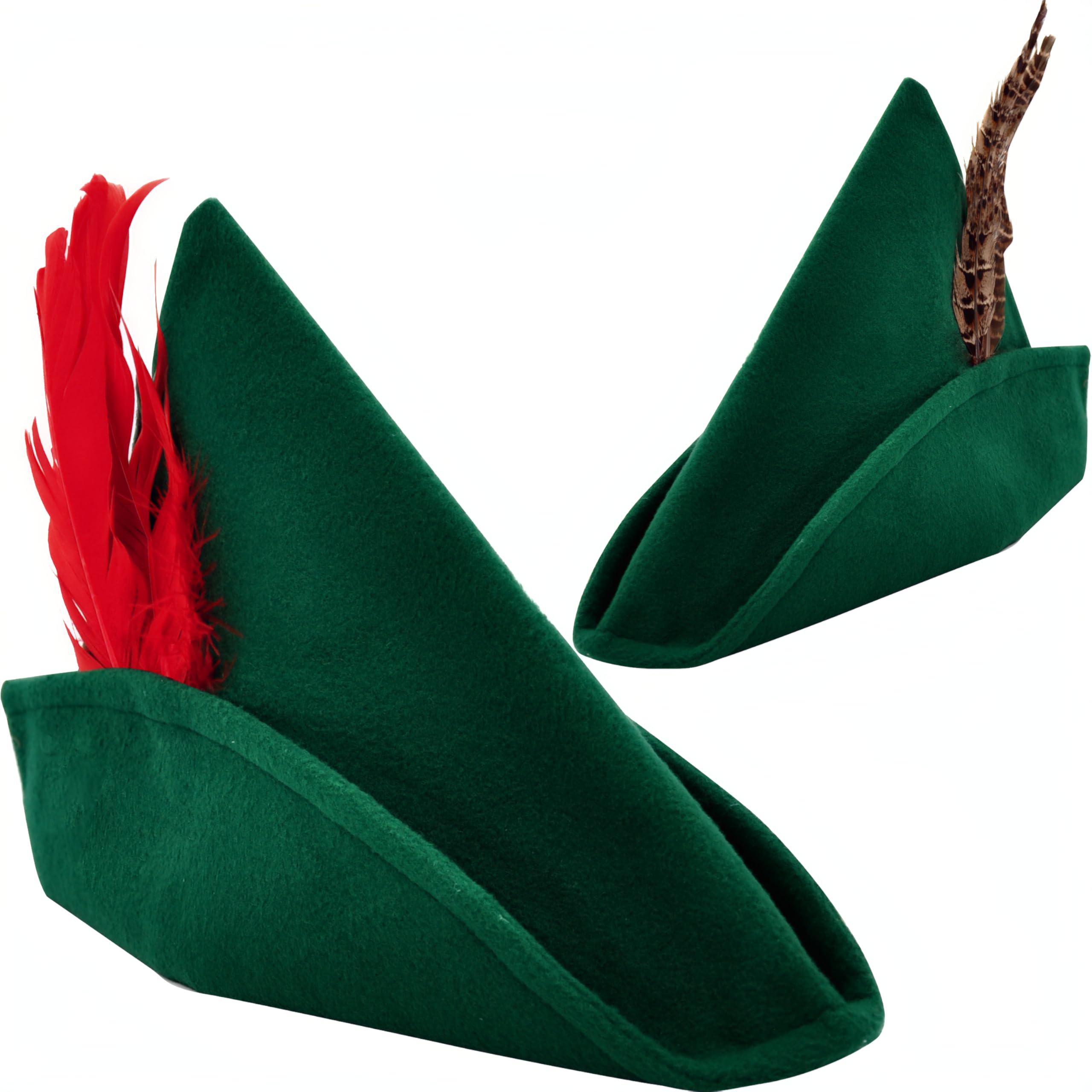 2PCS Felt Robin Hood Hats with Feather, Alpine German Hat, Green Tyrolean Costume Accessory for Halloween Dress Up Party Favor, One Size Fits all for Adult