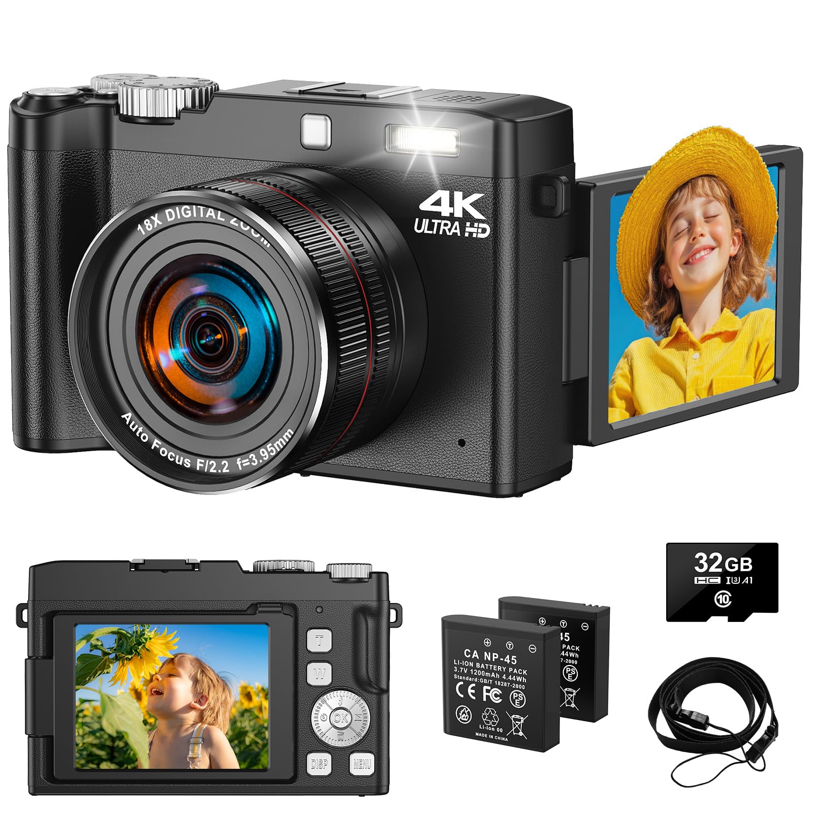 4K 64MP Digitalkamera, 2.8 Inch 18X Digitalzoom UHD Kompaktkameras - 180 Grad Autofokus Wiederaufladbare Vlogging-Kamera mit 32GB Karte &2 Akkus, für Kinder Anfänger Jugendliche